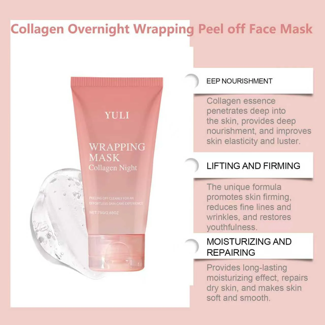 YULI collagen night wrapping mask, Overnight collagen face mask Easy Peel Off Facial Mask Skin Care night mask 2.54 fl.oz (2pcs) - Image 7