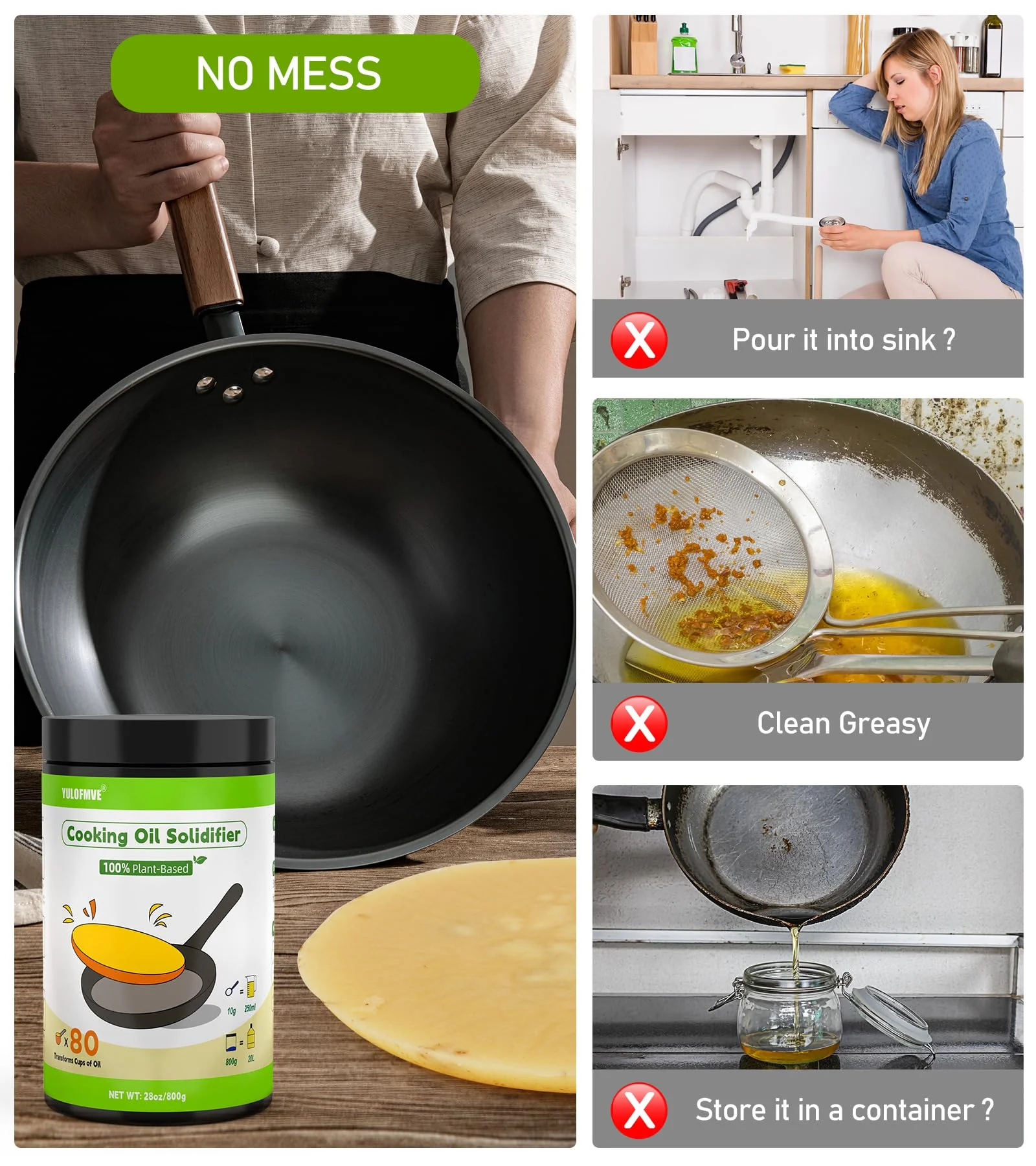 YULOFMVE Cooking Oil Solidifier Powder, Solidifies Up to 80 Cups from Mess, 100% Plant-Based Used Oil Solidifying Powder, Grease Hardener Disposal for Kitchen - Image 8