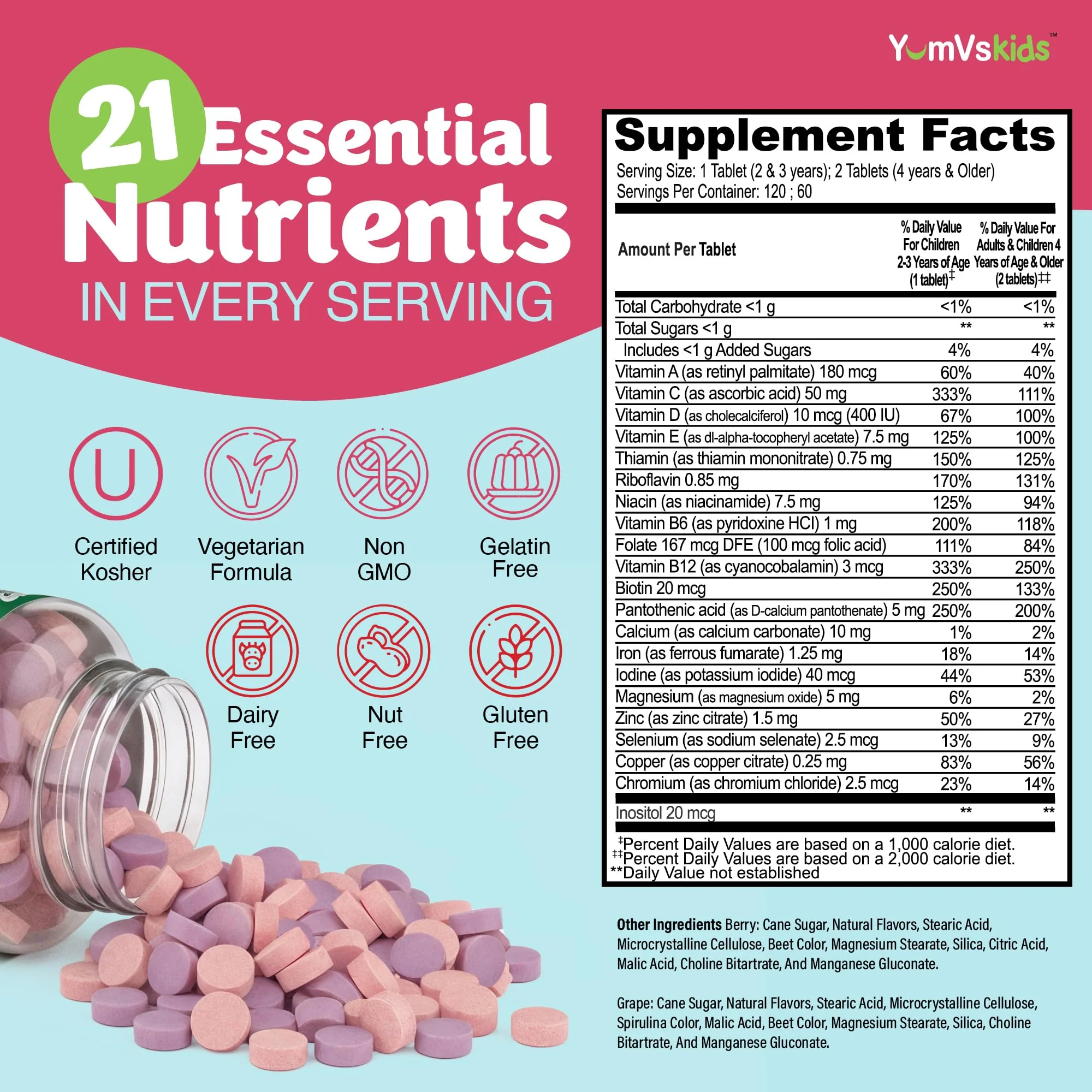 YUM-V'S Kids Multivitamin with Iron - Kids Chewable Multivitamin - Vitamins + Iron Supplement - Toddler Vitamins for 2 Year Old+, Kosher, Halal, Gluten Free 120 (Pack of 2 - Image 7