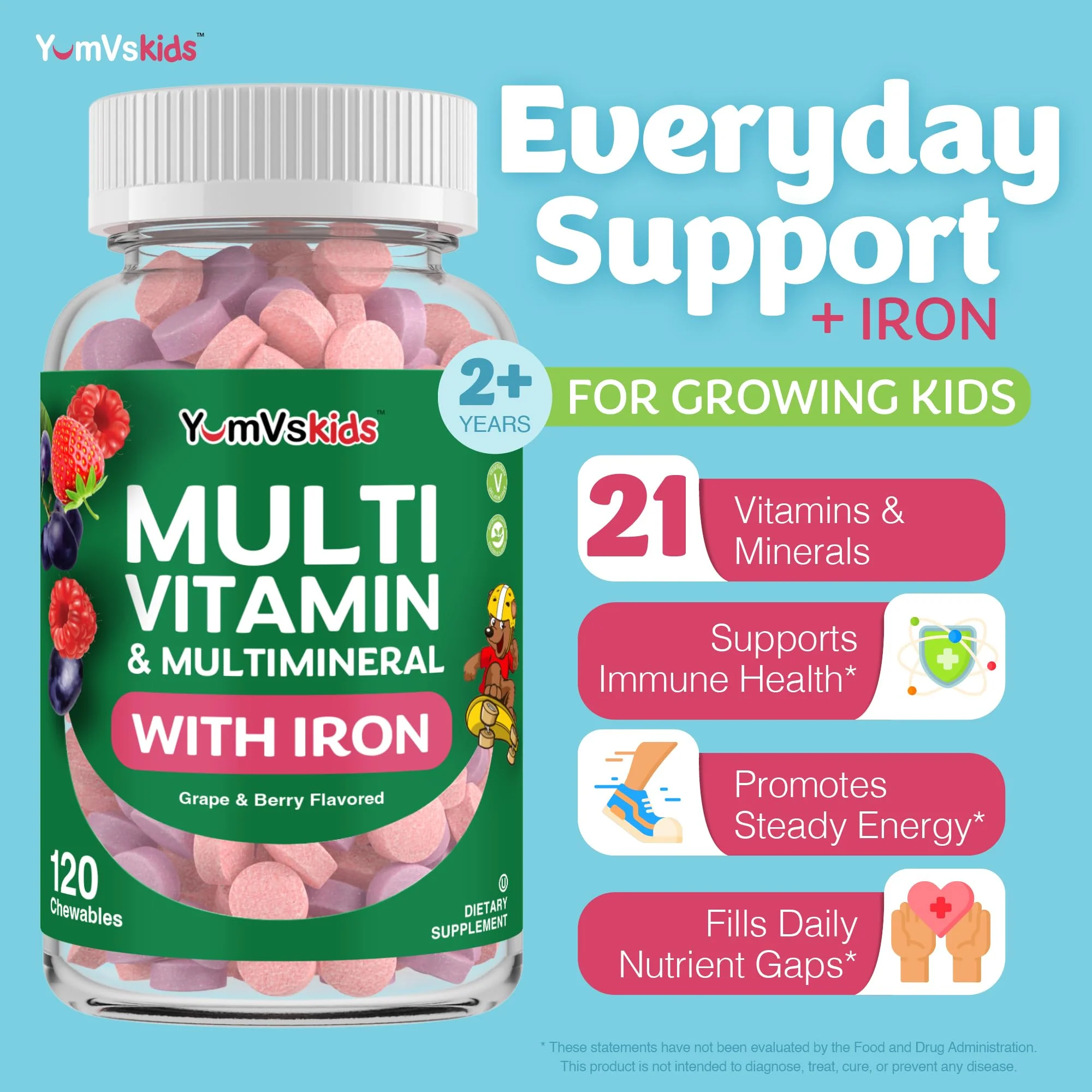 YUM-V'S Kids Multivitamin with Iron - Kids Chewable Multivitamin - Vitamins + Iron Supplement - Toddler Vitamins for 2 Year Old+, Kosher, Halal, Gluten Free 120 (Pack of 2 - Image 8