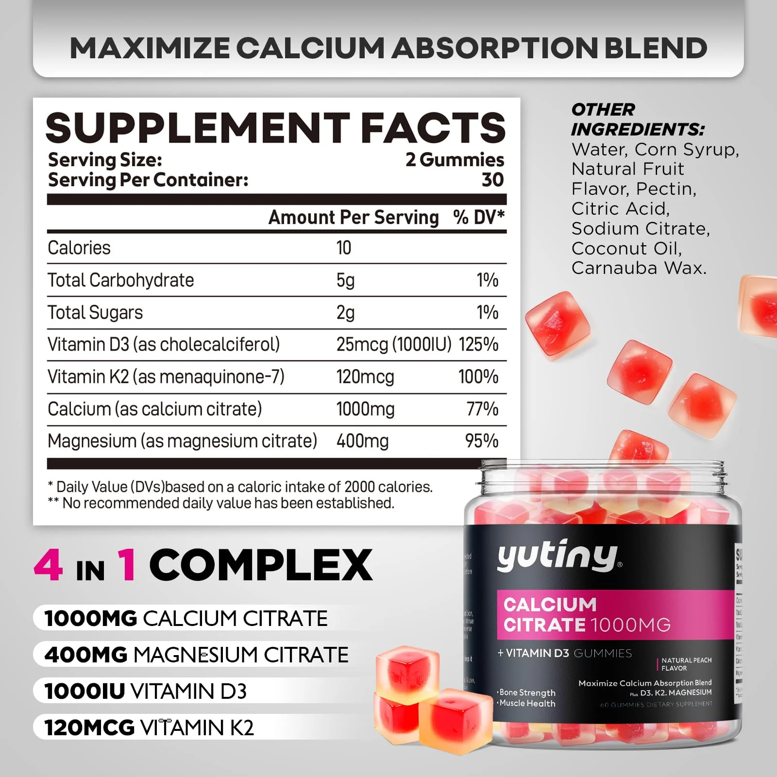 Yutiny Calcium Citrate Filled Gummies, Extra Absorption Calcium Citrate 1000mg with Vitamin D3, K2 & Magnesium, Chewable Supplement for Bone, Muscle Health, 60 Count - Image 7
