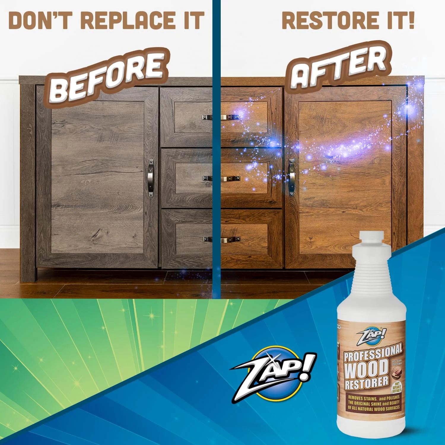 ZAP! Professional Wood Cleaner and Restorer | Clean, Polish, & Restore Wooden Furniture & Hardwood Floors | Kitchen Cabinet & Table | Deep Wood Cleaner for Heavy Duty Cleaning | 32 oz - Image 4