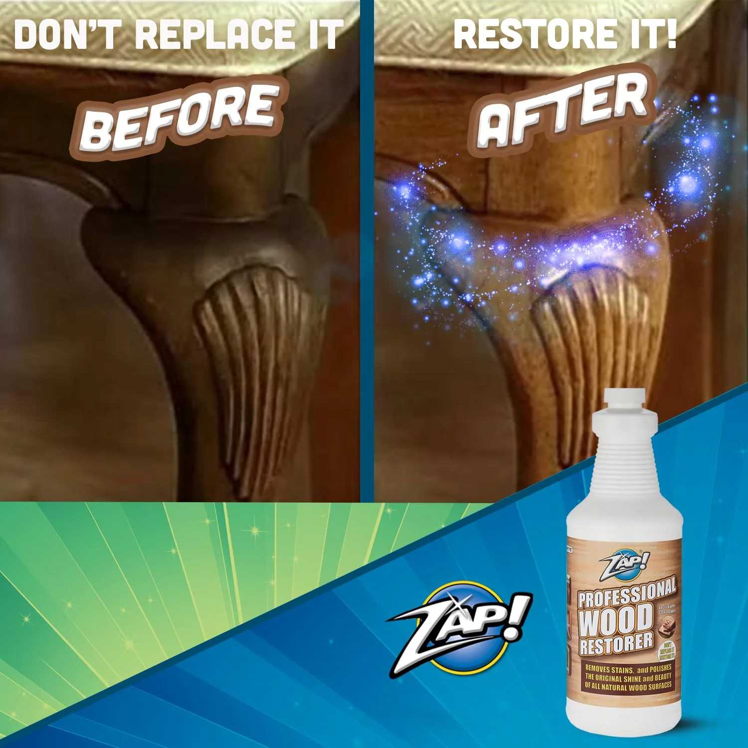 ZAP! Professional Wood Cleaner and Restorer | Clean, Polish, & Restore Wooden Furniture & Hardwood Floors | Kitchen Cabinet & Table | Deep Wood Cleaner for Heavy Duty Cleaning | 32 oz - Image 5