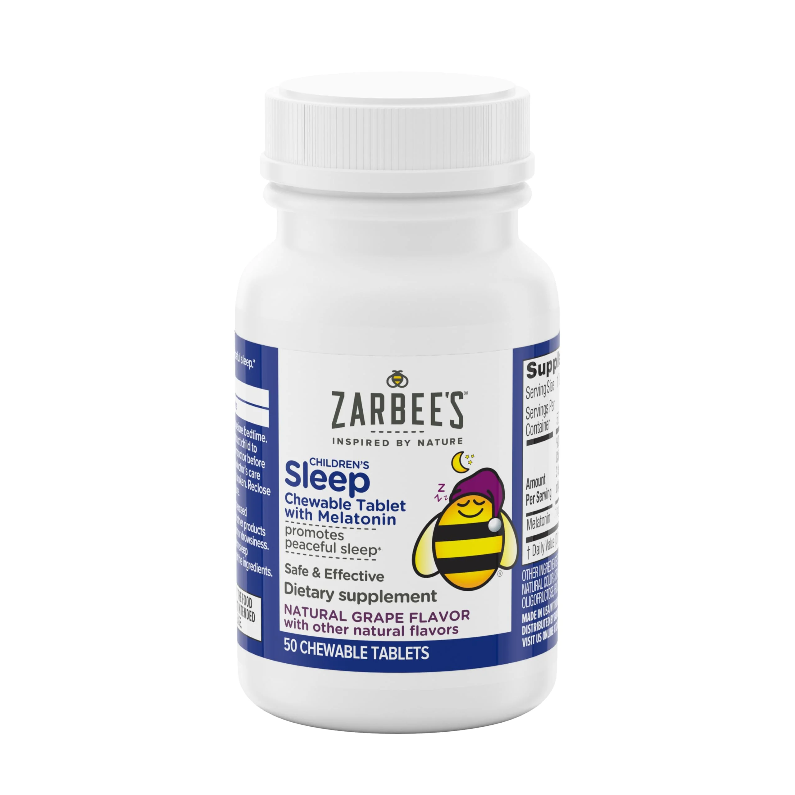 Zarbee's Kids Melatonin Chewable Tablet, 1mg Melatonin, Drug-Free & Effective Sleep Supplement, Natural Grape Flavor, No Artificial Sweeteners or Dyes, Gluten Free, Ages 3+, 50 ct - Image 2