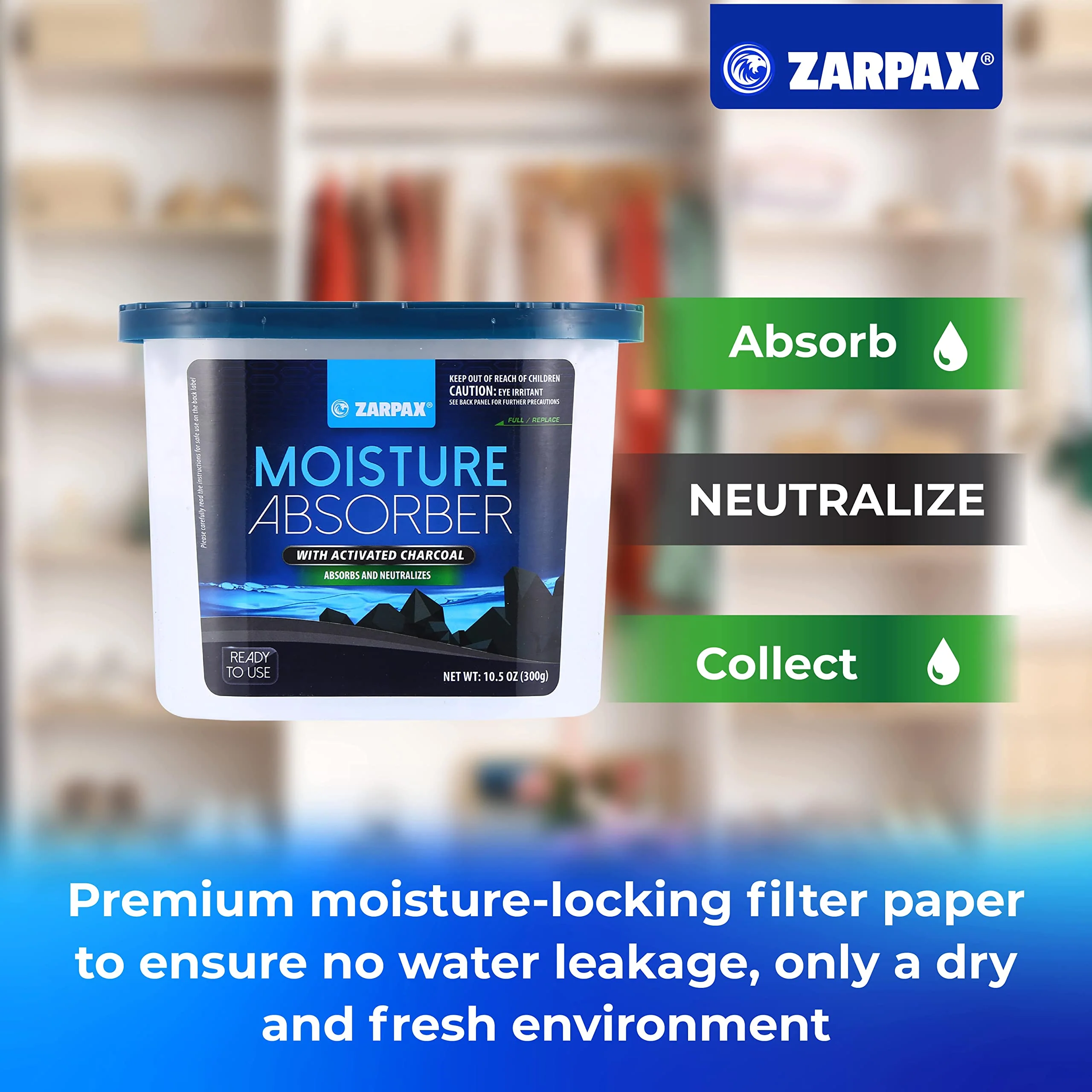 ZARPAX Moisture Absorber Activated Charcoal 10.5 oz/300g | Removes Moisture, Damp, Humidity & Odors | Odor Absorber | Moisture Trap for Bathroom, Closet, Kitchen & Small Spaces | Set of 4 - Image 3
