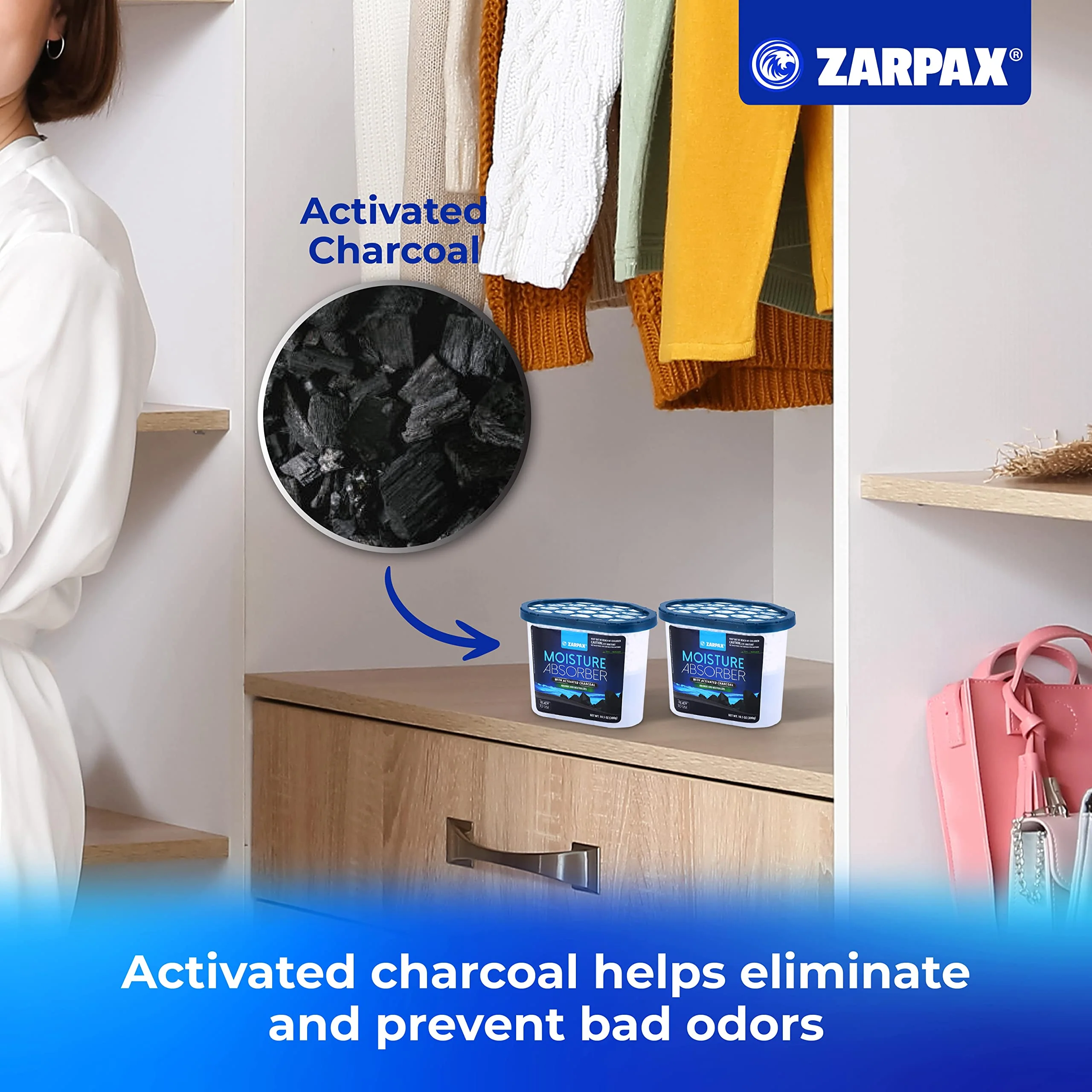 ZARPAX Moisture Absorber Activated Charcoal 10.5 oz/300g | Removes Moisture, Damp, Humidity & Odors | Odor Absorber | Moisture Trap for Bathroom, Closet, Kitchen & Small Spaces | Set of 4 - Image 4