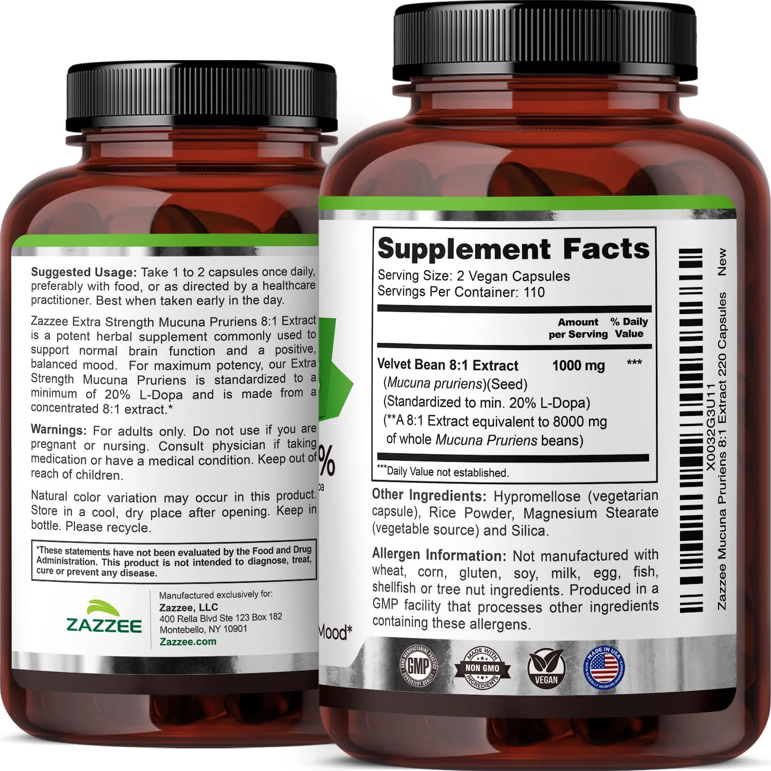 Zazzee Extra Strength Mucuna Pruriens 8:1 Extract, Minimum 20% L-Dopa, 1000 mg, 220 Vegan Capsules, 110 Day Supply, Concentrated and Standardized 8X Extract, 100% Vegetarian, All-Natural and Non-GMO - Image 3