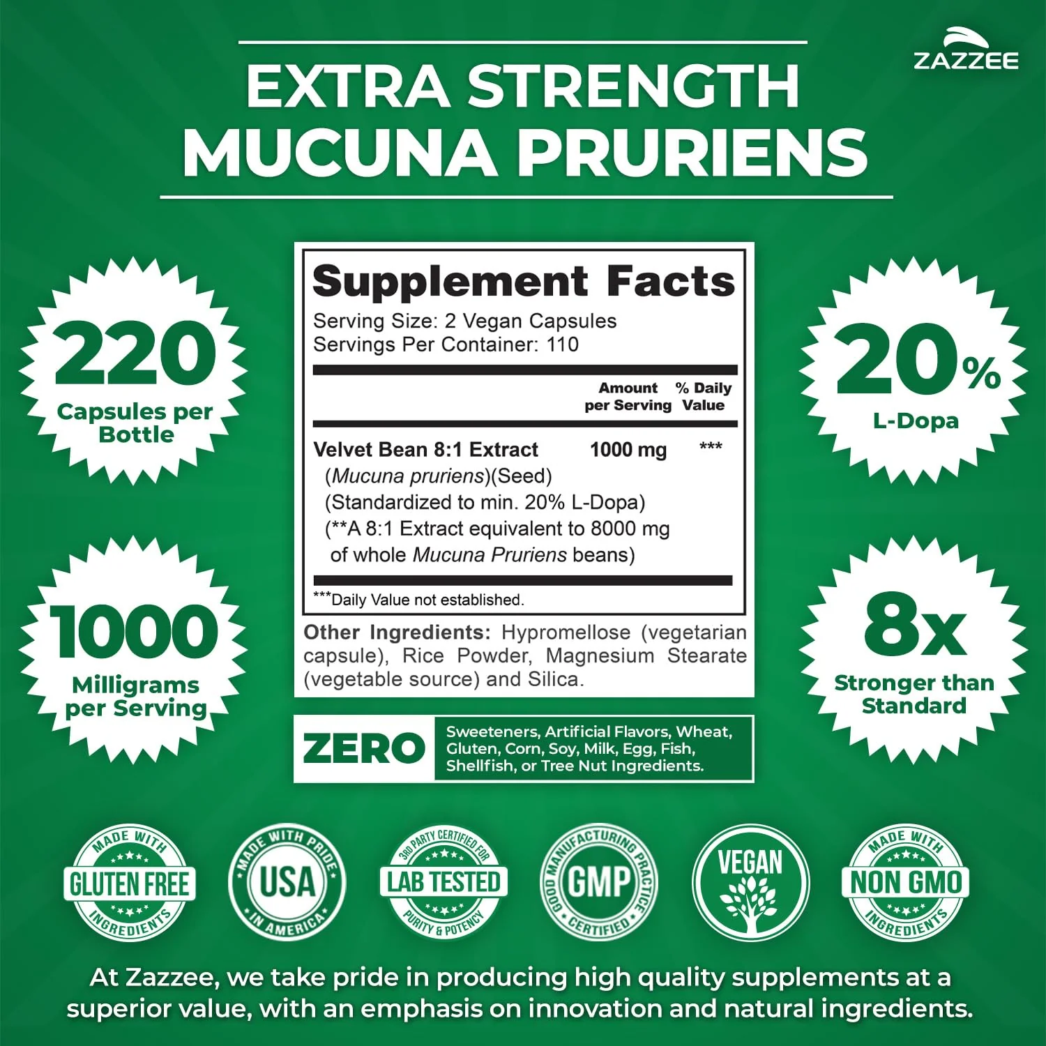 Zazzee Extra Strength Mucuna Pruriens 8:1 Extract, Minimum 20% L-Dopa, 1000 mg, 220 Vegan Capsules, 110 Day Supply, Concentrated and Standardized 8X Extract, 100% Vegetarian, All-Natural and Non-GMO - Image 9