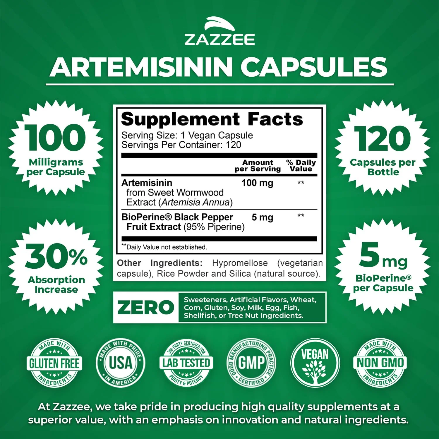 Zazzee High Absorption Artemisinin, 100 mg per Capsule, 120 Vegan Capsules, with 5 mg BioPerine for Maximum Absorption, Sweet Wormwood Extract, 4 Month Supply, All-Natural and Non-GMO - Image 8