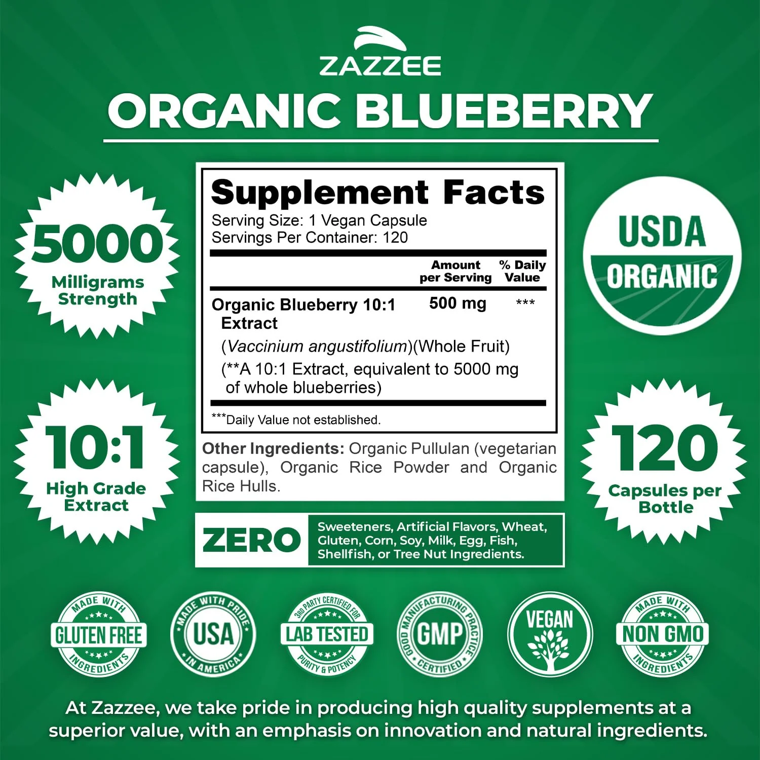 Zazzee USDA Organic Blueberry 10:1 Extract, 5000 mg Strength, 120 Vegan Capsules, 4 Month Supply, Concentrated and Standardized 10X Whole Fruit Extract, 100% Vegetarian, Non-GMO, Made in The USA - Image 9