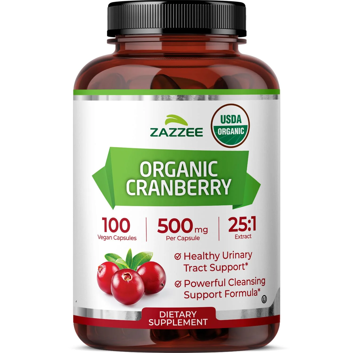 Zazzee USDA Organic Cranberry 25:1 Extract, 500 mg per Capsule, 100 Vegan Capsules, 3+ Month Supply, Certified Kosher, Vaccinium Macrocarpon, Urinary Tract & Bladder Support, Non-GMO, Made in the USA