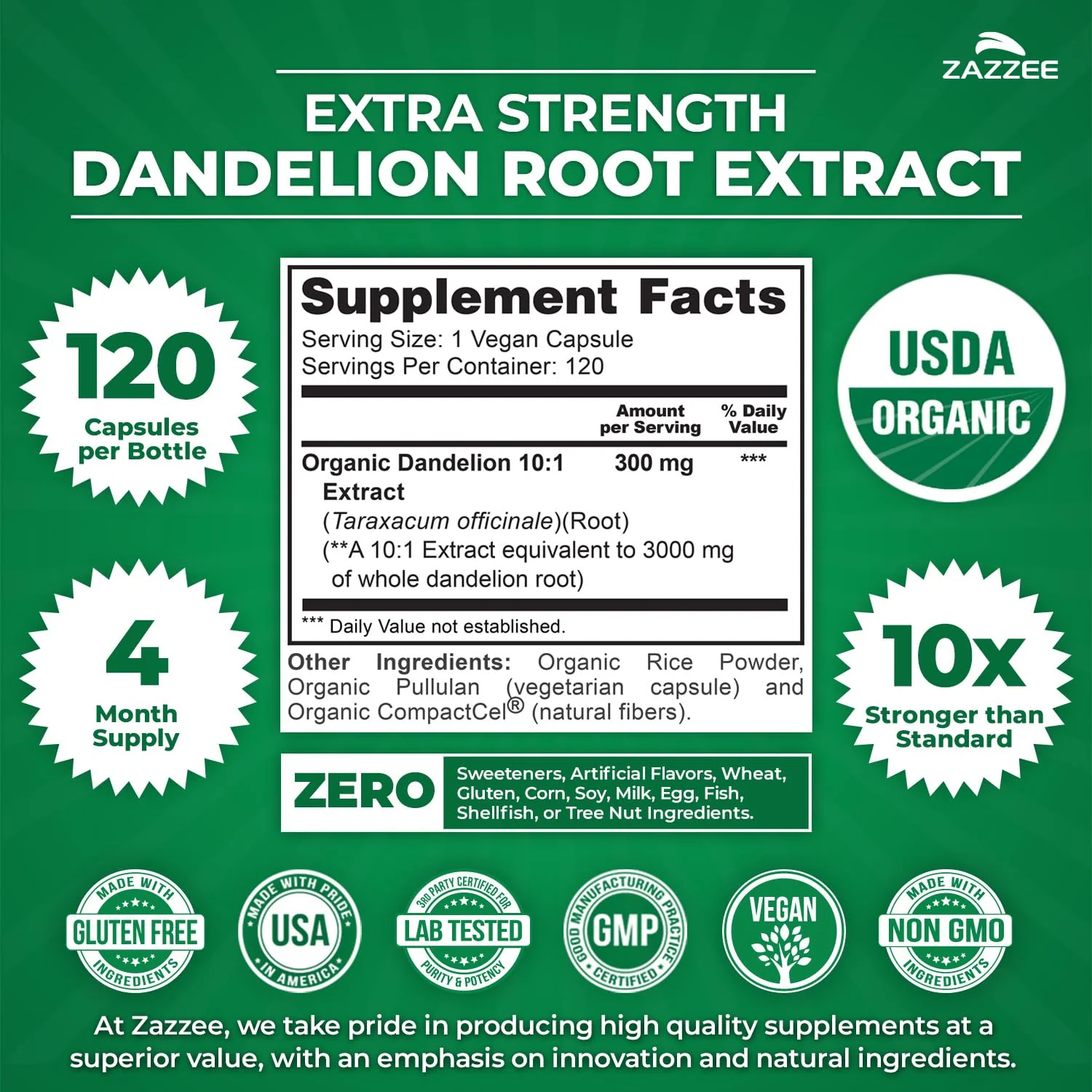 Zazzee USDA Organic Dandelion Root 10:1 Extract, 120 Capsules, 4 Month Supply, Liver & Detox Support, Taraxacum Officinale, Organic Herbal Supplement, All-Natural, Non-GMO, Made in the USA - Image 3