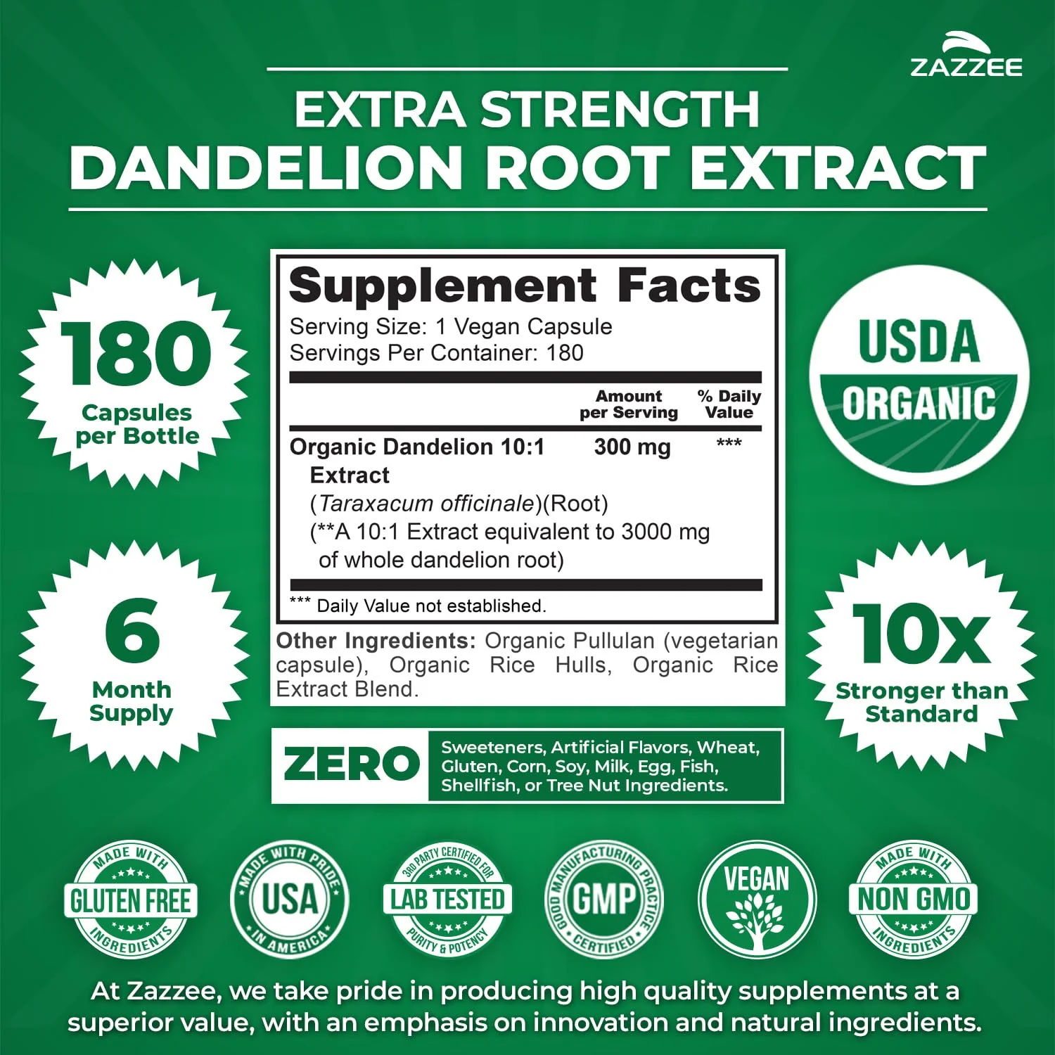 Zazzee USDA Organic Dandelion Root 10:1 Extract, 180 Capsules, 6 Month Supply, Liver & Detox Support, Taraxacum Officinale, Organic Herbal Supplement, All-Natural, Non-GMO, Made in the USA - Image 2