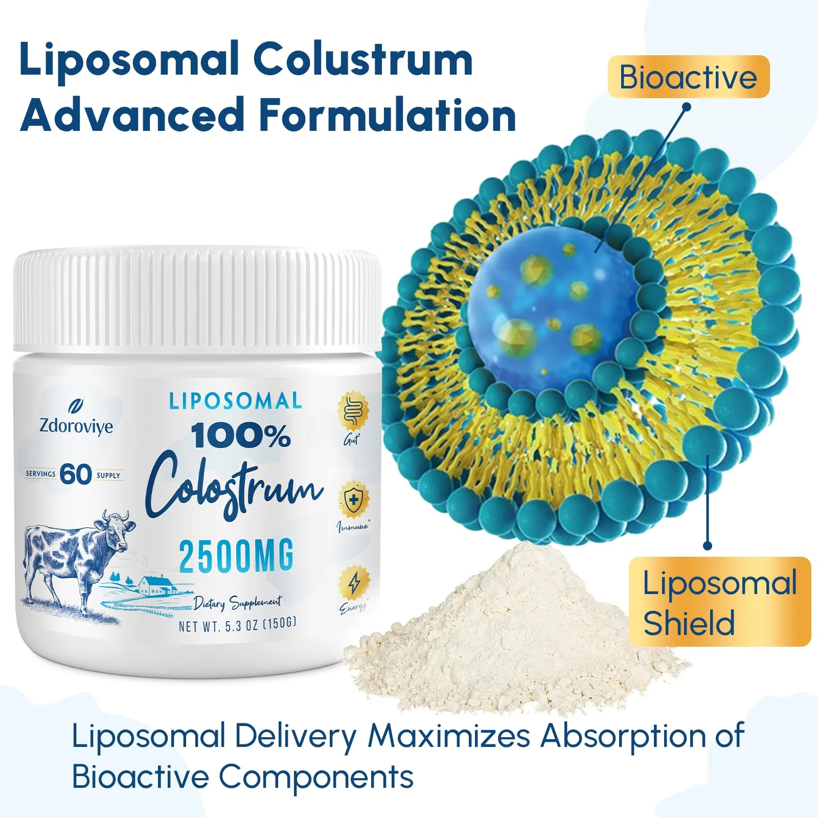 Zdoroviye Liposomal Bovine Colostrum Powder Supplement 2500 mg, Higher Absorption Than Regular Bovine Colostrum (60 Servings) - Image 6