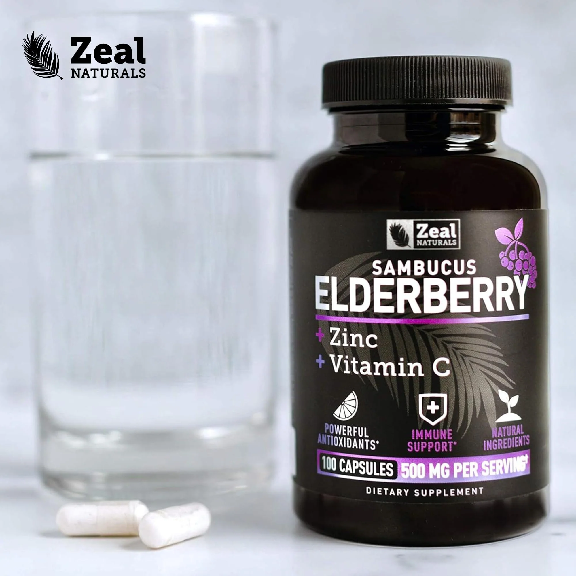 Zeal Naturals Max Strength Elderberry Capsules - 500mg, 100 Capsules | Sambucus Black Elderberry, Vitamin C, and Zinc | 3-in-1 Immune Support Supplement for Adults - Image 2