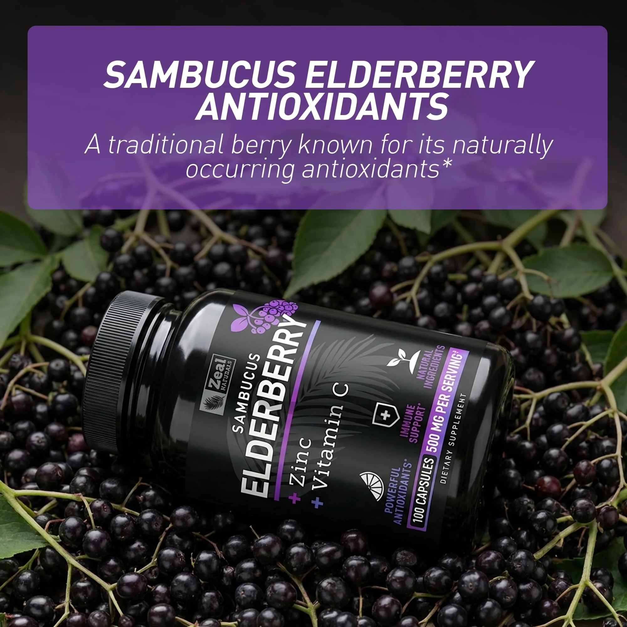 Zeal Naturals Max Strength Elderberry Capsules - 500mg, 100 Capsules | Sambucus Black Elderberry, Vitamin C, and Zinc | 3-in-1 Immune Support Supplement for Adults - Image 5