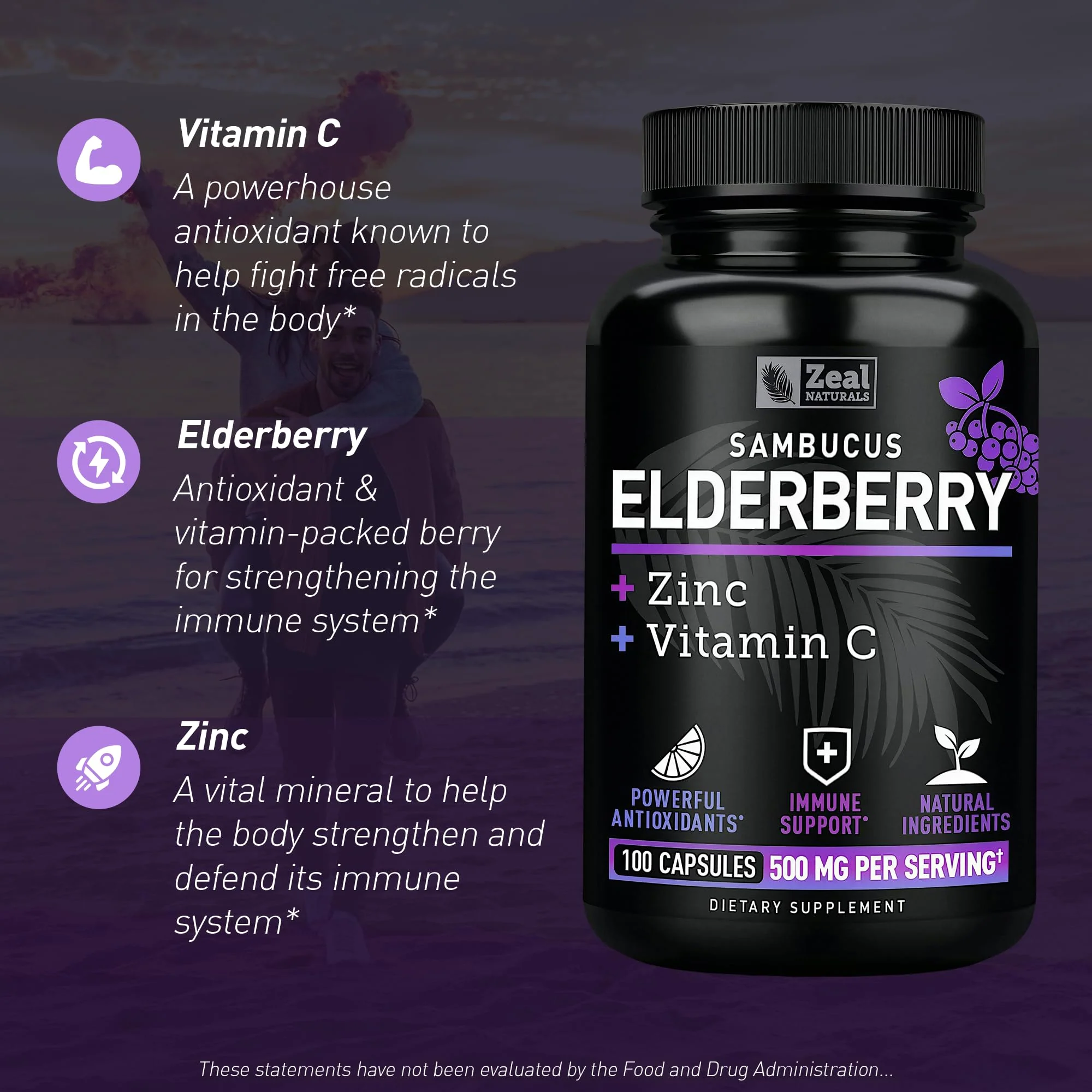 Zeal Naturals Max Strength Elderberry Capsules - 500mg, 100 Capsules | Sambucus Black Elderberry, Vitamin C, and Zinc | 3-in-1 Immune Support Supplement for Adults - Image 6