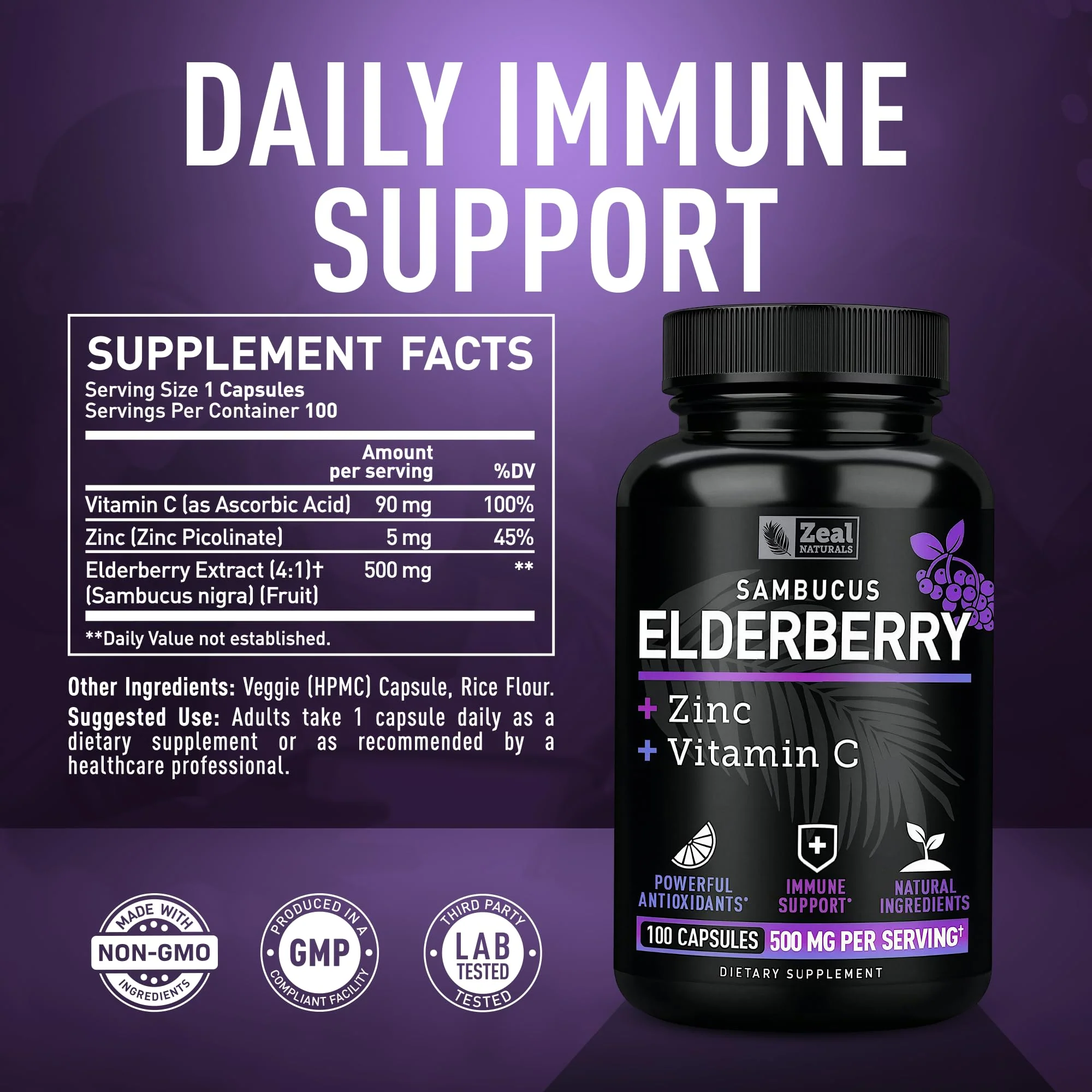 Zeal Naturals Max Strength Elderberry Capsules - 500mg, 100 Capsules | Sambucus Black Elderberry, Vitamin C, and Zinc | 3-in-1 Immune Support Supplement for Adults - Image 7