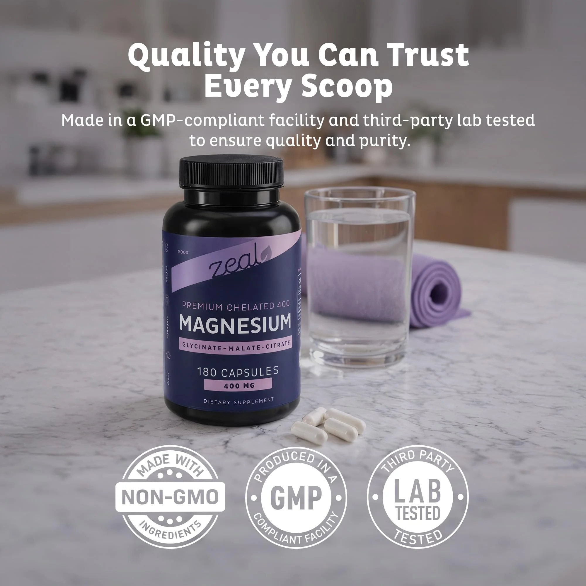Zeal Naturals Triple Magnesium Complex Supplement - Glycinate, Malate, Citrate | 400mg, 180 Capsules | High Absorption Chelated Magnesium for Sleep, Mood, Muscle Recovery, Relaxation - Image 2