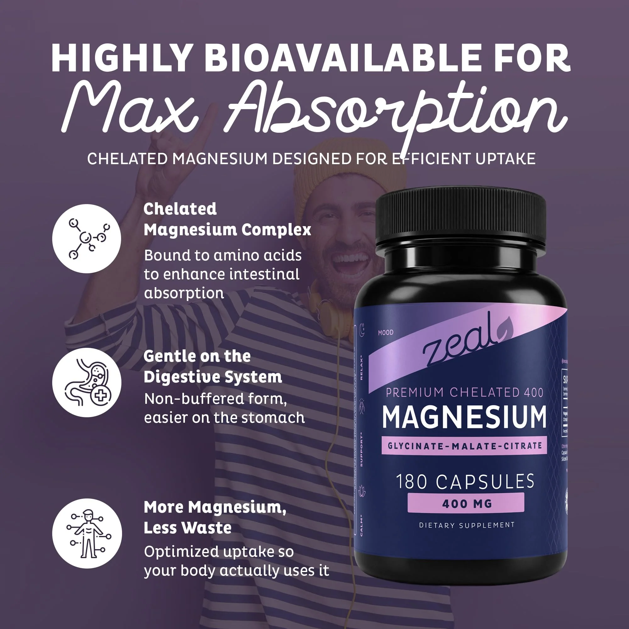 Zeal Naturals Triple Magnesium Complex Supplement - Glycinate, Malate, Citrate | 400mg, 180 Capsules | High Absorption Chelated Magnesium for Sleep, Mood, Muscle Recovery, Relaxation - Image 3