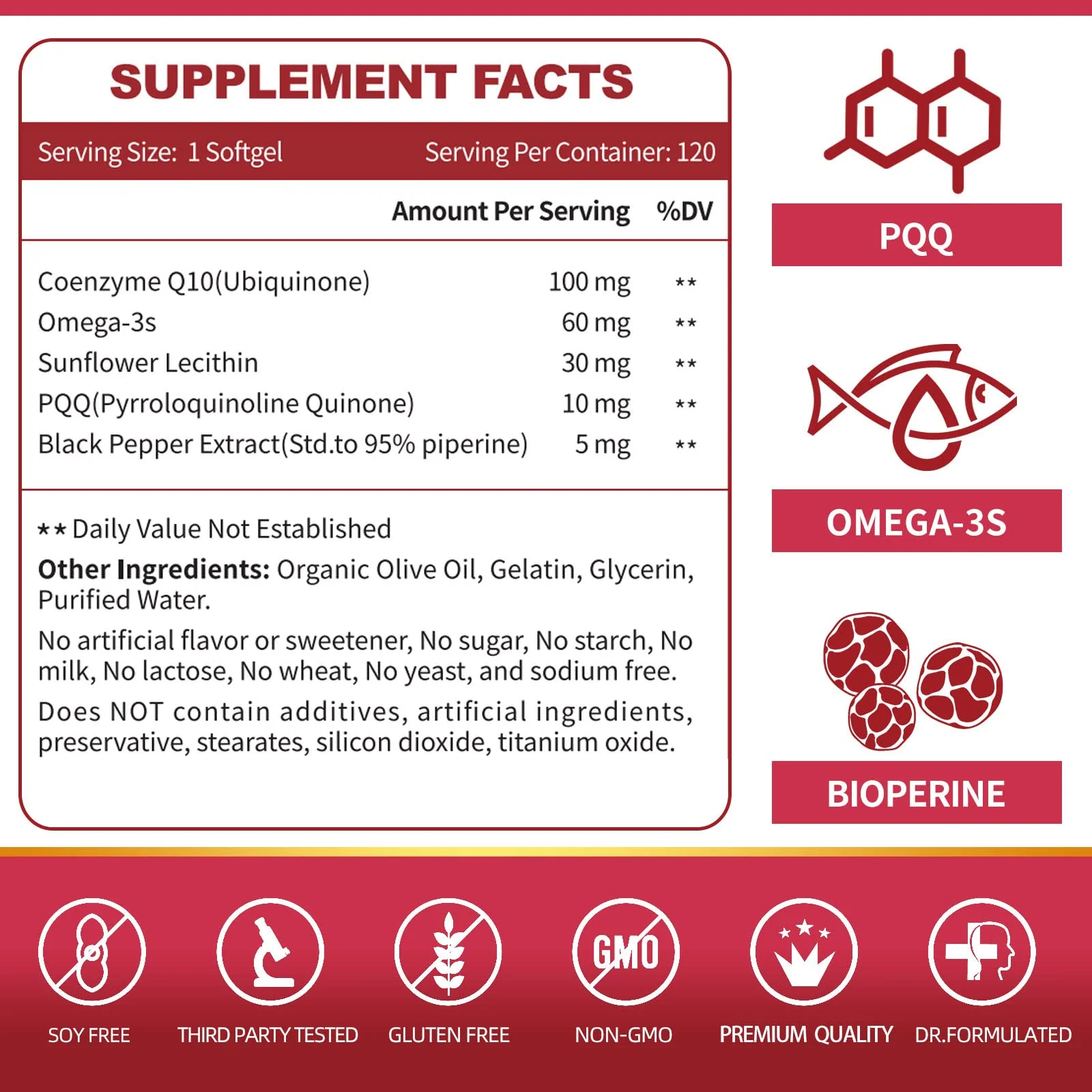 ZEBORA CoQ10-100mg-Softgels with PQQ, BioPerine & Omega-3, High Absorption Coenzyme Q10 Supplement, Powerful-Antioxidant, Support Heart & Energy-Production 120 Servings, Non-GMO - Image 6