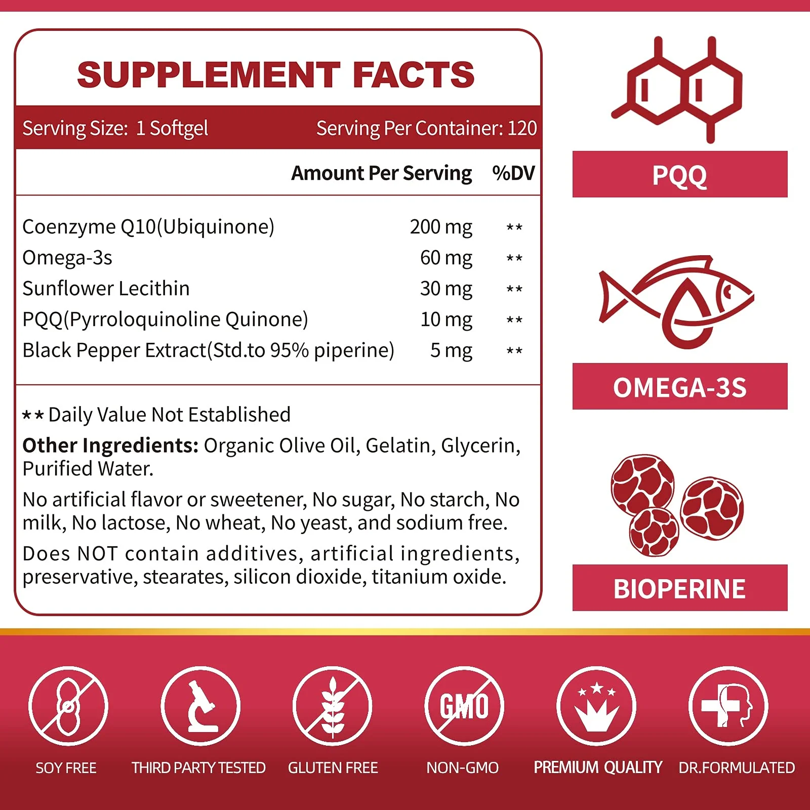 ZEBORA CoQ10-200mg-Softgels with PQQ, BioPerine & Omega-3, 120 Servings Coenzyme Q10(Ubiquinone) Supplement for High-Absorption, Powerful-Antioxidant, Support Heart & Energy-Production - Image 3