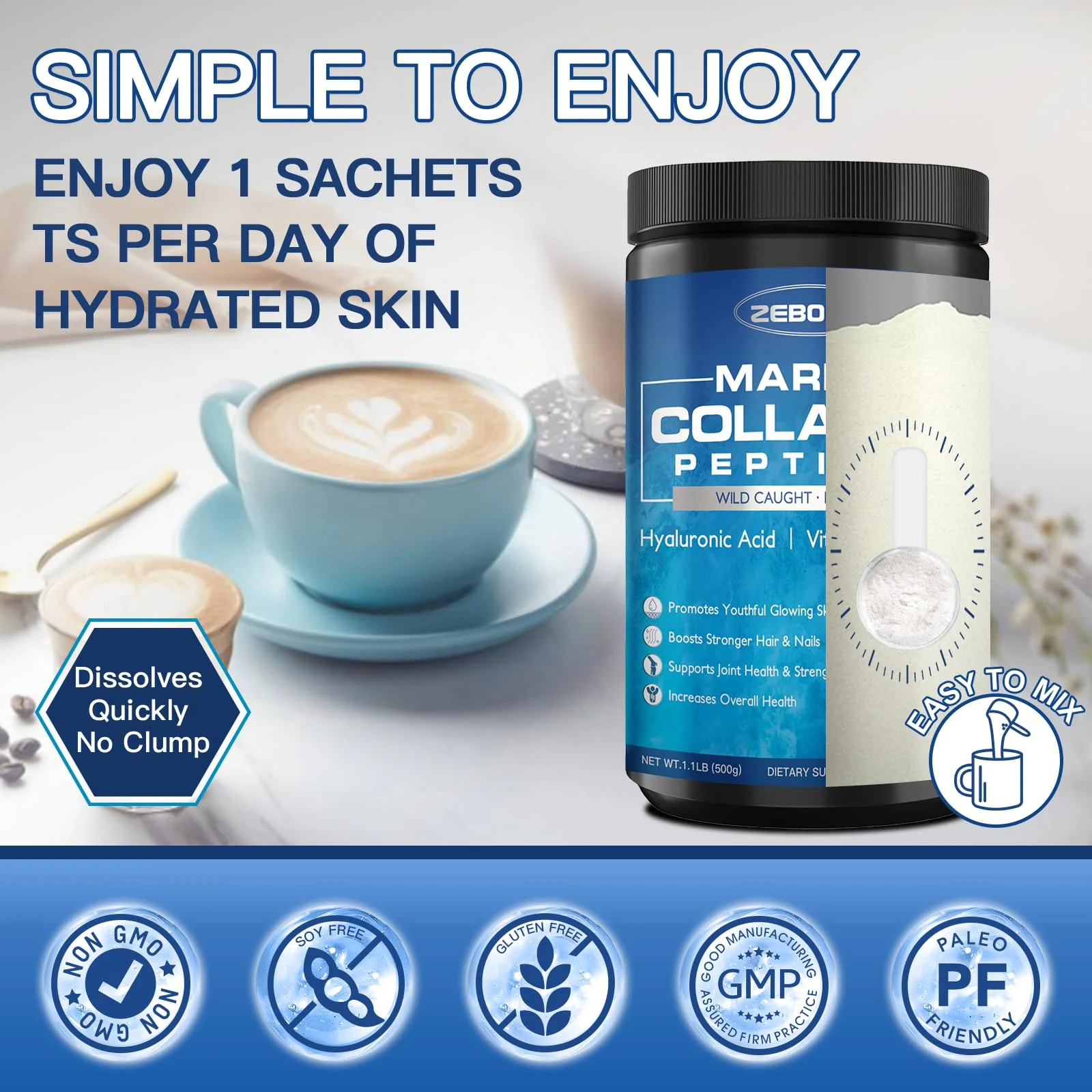 ZEBORA Marine Collagen Peptides Powder 50 Servings - Wild Caught Hydrolyzed Fish Collagen with Hyaluronic Acid, Keratin, Multivitamins - Collagen for Women Support Skin Hair Nail Joint, Keto Friendly - Image 2