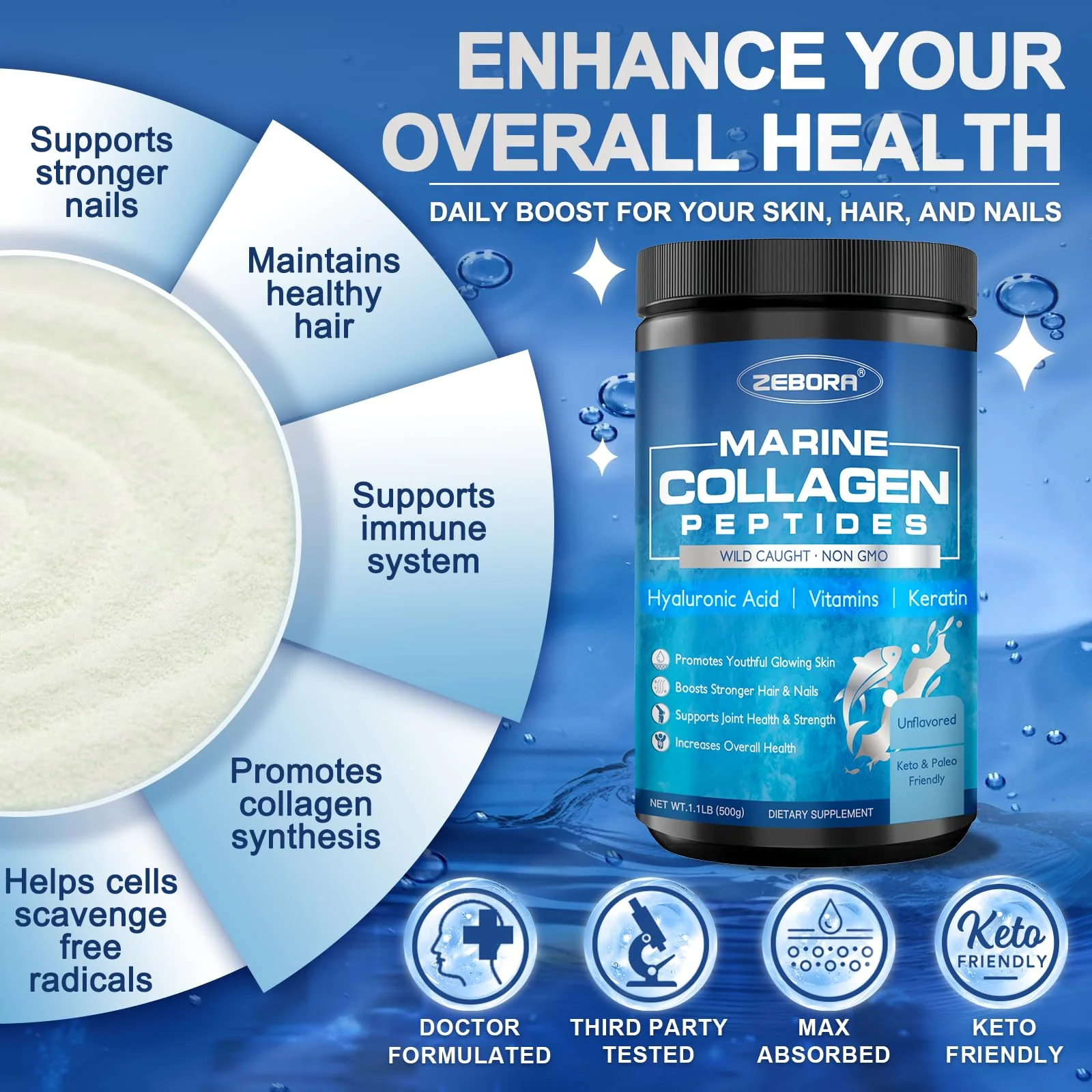 ZEBORA Marine Collagen Peptides Powder 50 Servings - Wild Caught Hydrolyzed Fish Collagen with Hyaluronic Acid, Keratin, Multivitamins - Collagen for Women Support Skin Hair Nail Joint, Keto Friendly - Image 4