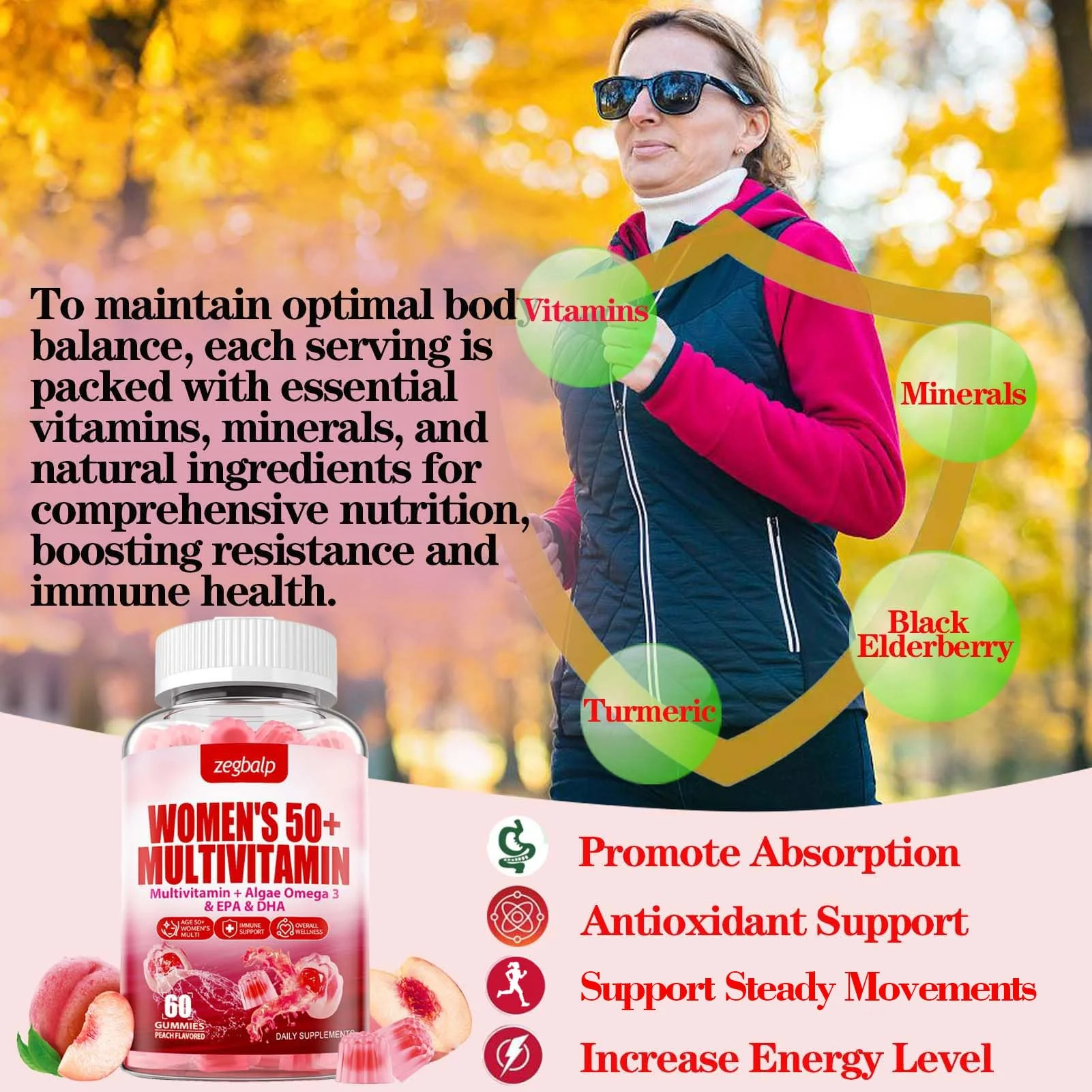 ZEGBALP Sugar-Free Womens Multivitamin 50 Plus Gummies with Calcium, Magnesium, Zinc, Vitamin A, C, D3, E, K2, B Complex, Folate, Biotin - Multi Vitamins & Minerals for Skin, Energy, Immune Support - Image 5