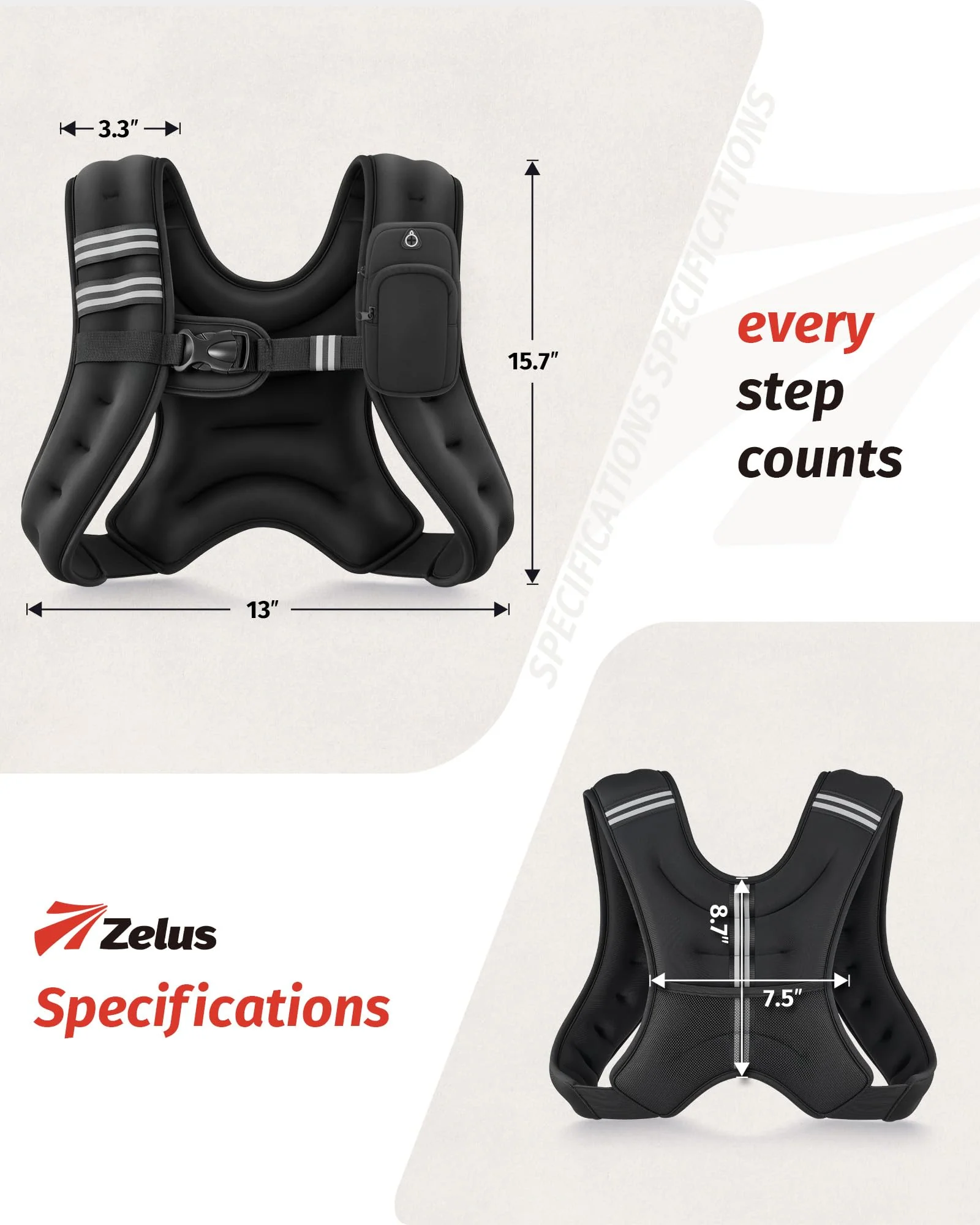 ZELUS Weighted Vest, 6lb/8lb/12lb/16lb/20lb/25lb/30lb Weight Vest with Reflective Stripe for Workout, Strength Training, Running, Fitness, Muscle Building, Weight Loss, Weightlifting, Black(12 lb)