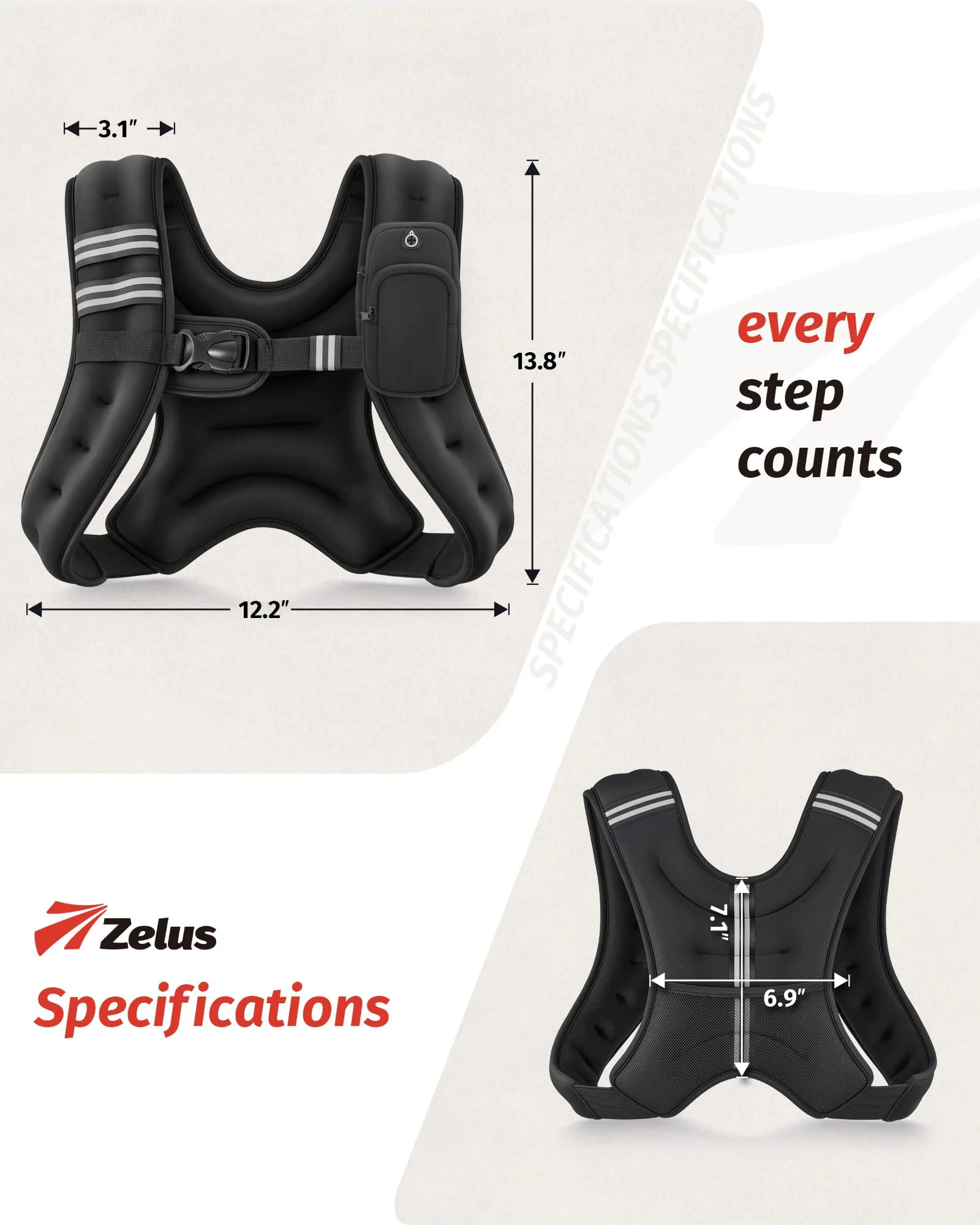 ZELUS Weighted Vest, 6lb/8lb/12lb/16lb/20lb/25lb/30lb Weight Vest with Reflective Stripe for Workout, Strength Training, Running, Fitness, Muscle Building, Weight Loss, Weightlifting, Black(8 lb) - Image 3