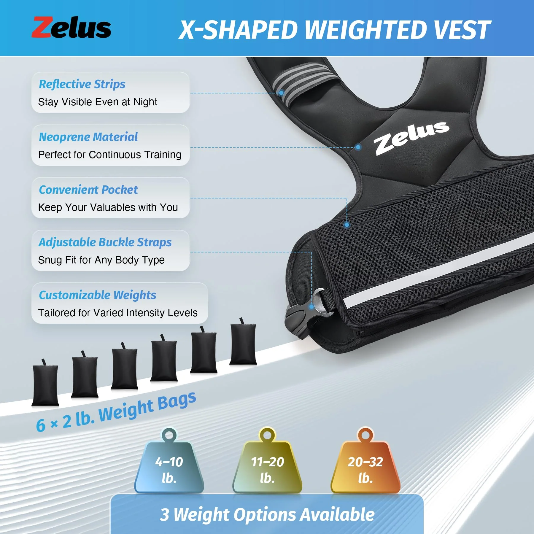 ZELUS Weighted Vest for Men and Women | 4-10lb/11-20lb/20-32lb Vest with 6 Ironsand Weights for Home Workouts | Adjustable Body Weight Vest Exercise Set for Cardio and Strength Training (20-32 lb.) - Image 3