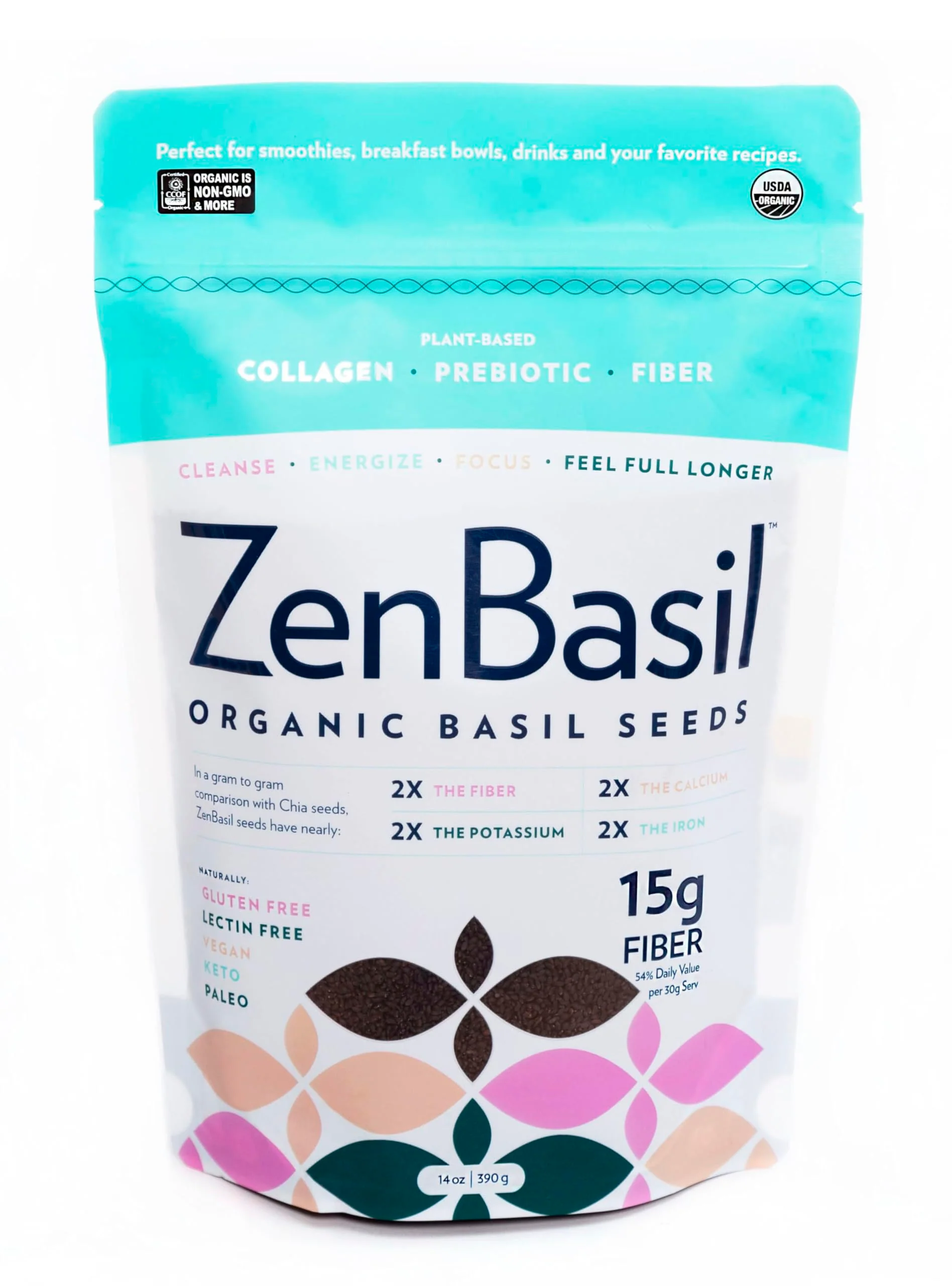 Zen Basil Seeds | edible basil seeds, kosher, non-gmo, lectin free, gluten free, plant based, keto, paleo, vegan | 15g fiber per/serv | 14oz | more fiber than chia seeds | prebiotic