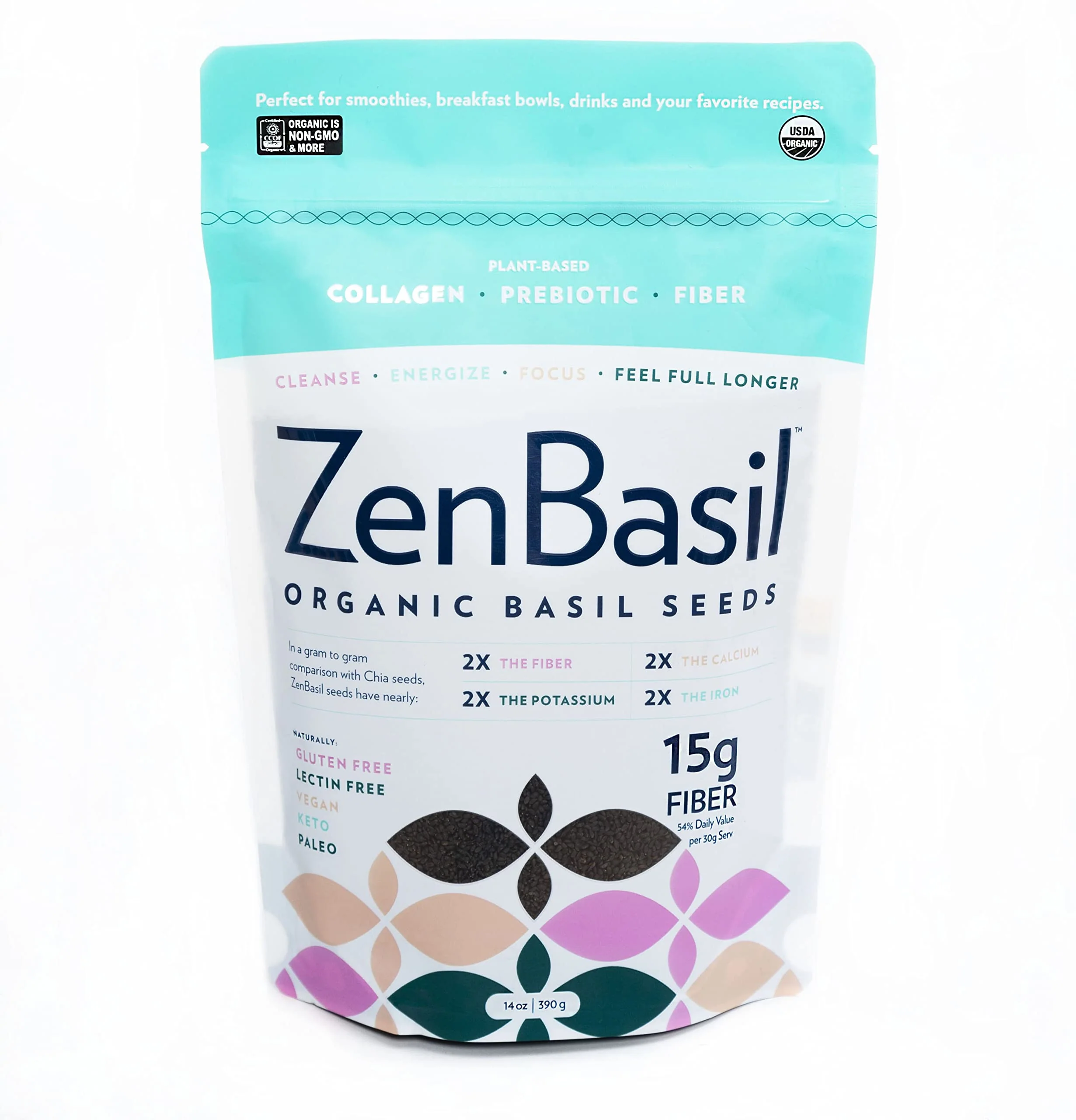 Zen Basil Seeds | edible basil seeds, kosher, non-gmo, lectin free, gluten free, plant based, keto, paleo, vegan | 15g fiber per/serv | 14oz | more fiber than chia seeds | prebiotic - Image 4