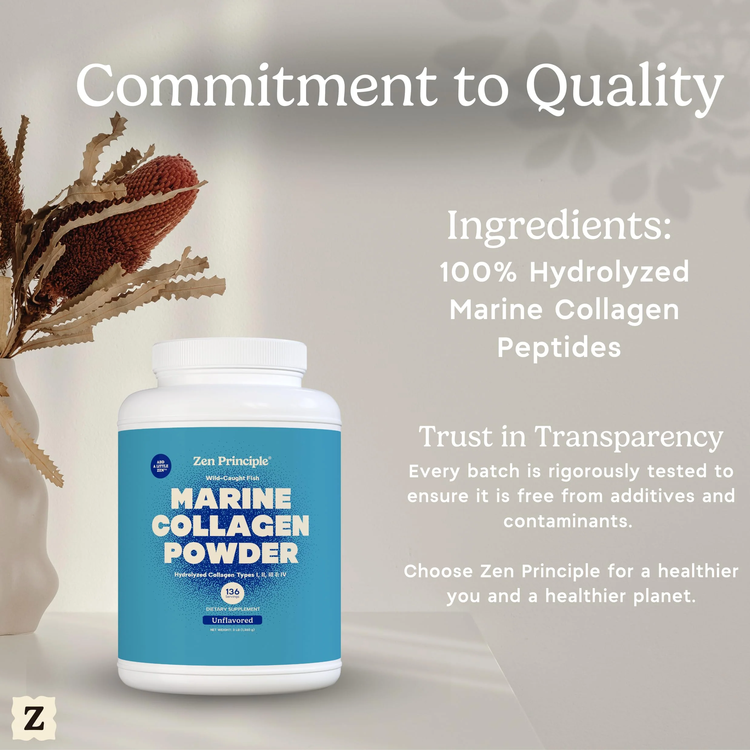 Zen Principle Marine Collagen Peptides Powder 3lb. Wild-Caught Fish, Non-GMO. Supports Healthy Skin, Hair, Joints, and Bones. Hydrolyzed Type 1 & 3 Protein. Amino Acids, Unflavored, Easy to Mix. - Image 3