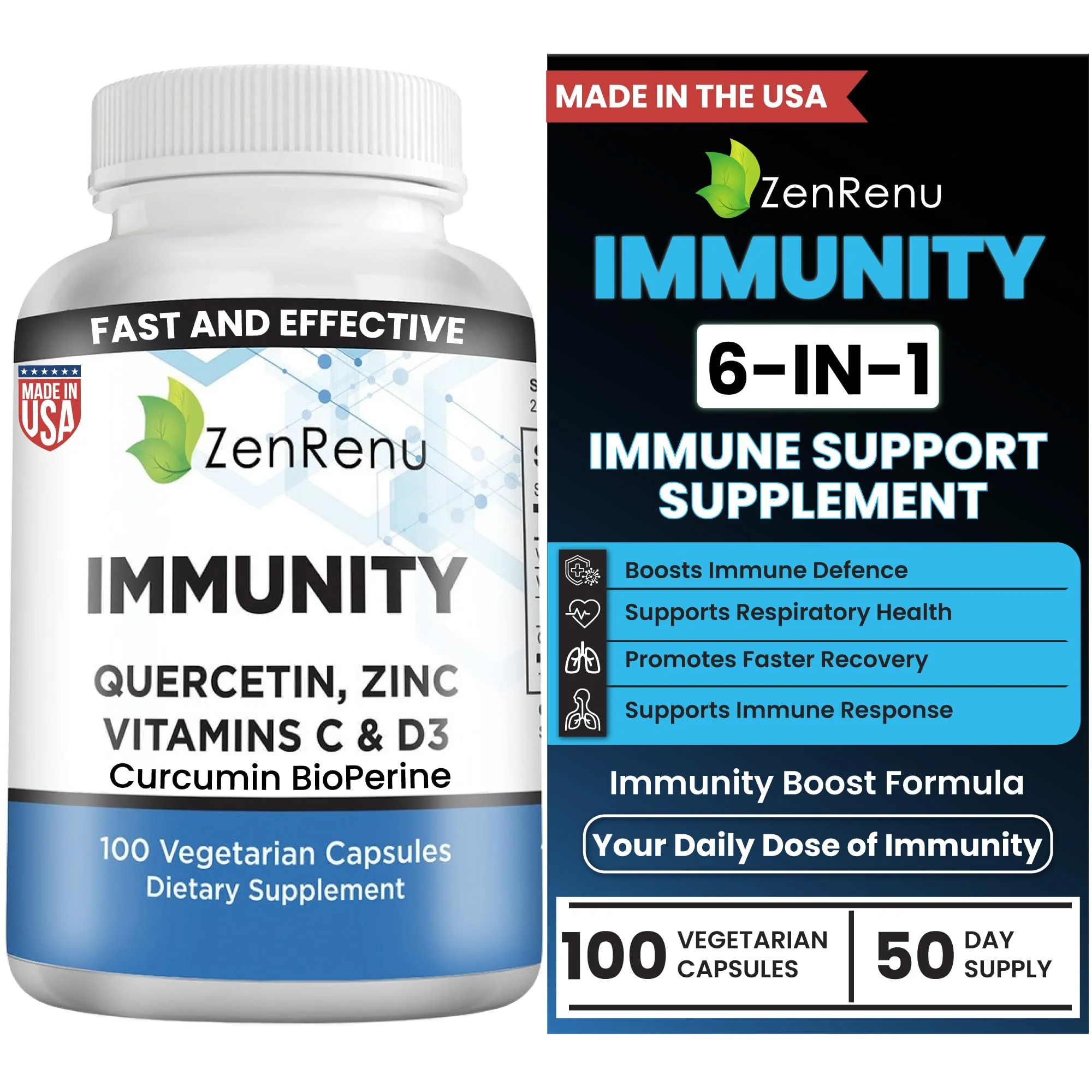 Zenrenu Immunity Quercetin 700 mg Zinc Vitamin C Vitamin D Immune Support Supplement with Curcumin - Easy to Absorb Immunity Supplement, 100 Vegetarian Capsules 50 Day Supply - Image 2