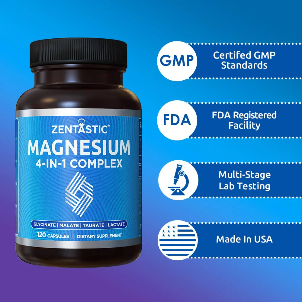 Zentastic Magnesium Complex 4-in-1 Supplement – Magnesium Glycinate, Malate, Taurate & Lactate – Chelated High Absorption for Nerves, Muscles, Bones & Immune Support – 120 Capsules - Image 2