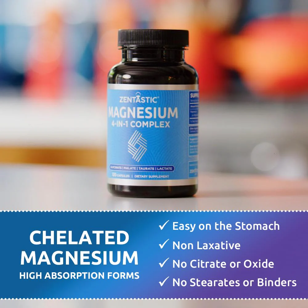 Zentastic Magnesium Complex 4-in-1 Supplement – Magnesium Glycinate, Malate, Taurate & Lactate – Chelated High Absorption for Nerves, Muscles, Bones & Immune Support – 120 Capsules - Image 6