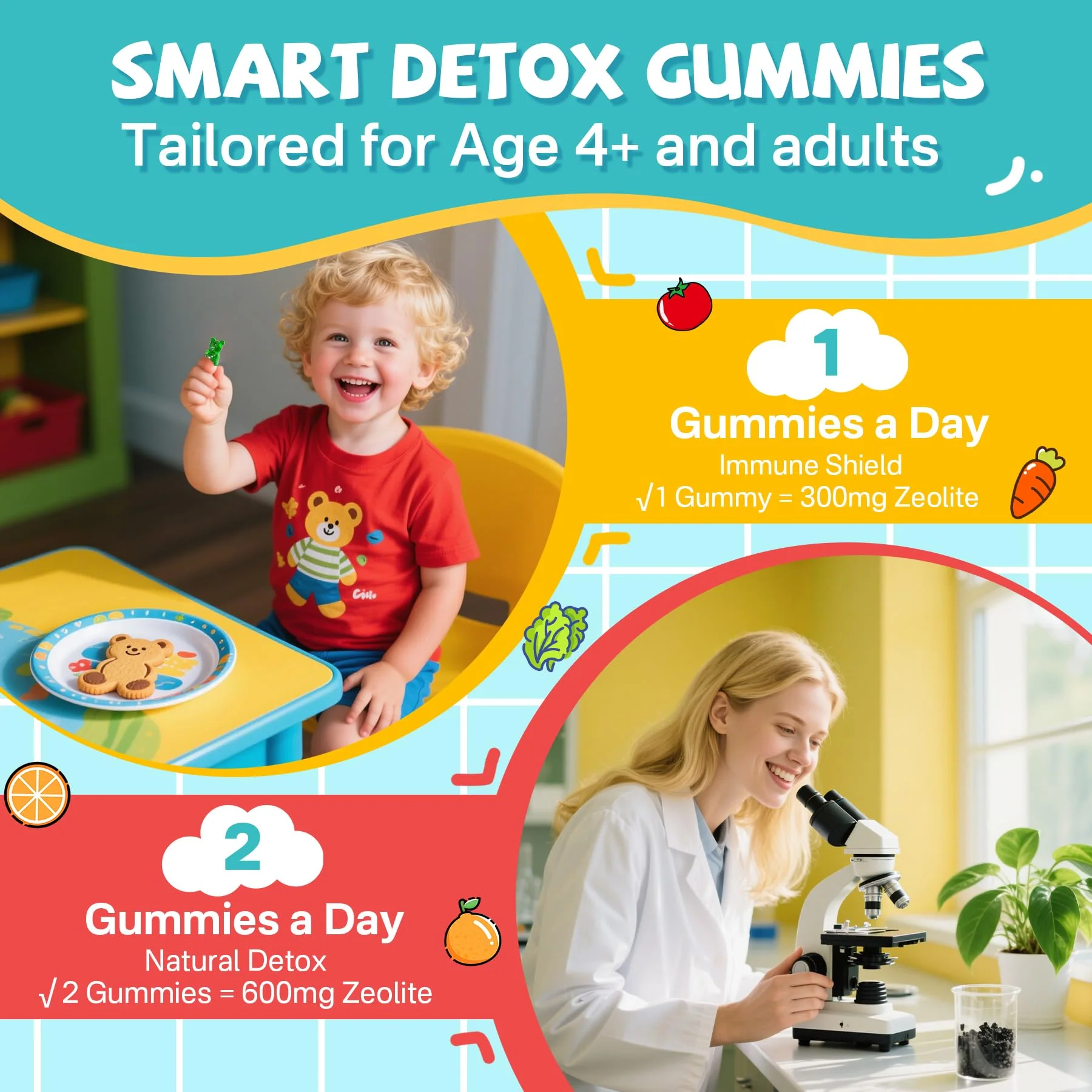 Zeolite Detox for kids & Adult-Sugar Free Zeolite Detox Gummies with Spirulina, Chlorella, Milk Thistle, Magnesium Glycinate, Calcium Citrate for Energy, Focus, Digestive, Immune, Antioxidant - 120Cts - Image 4