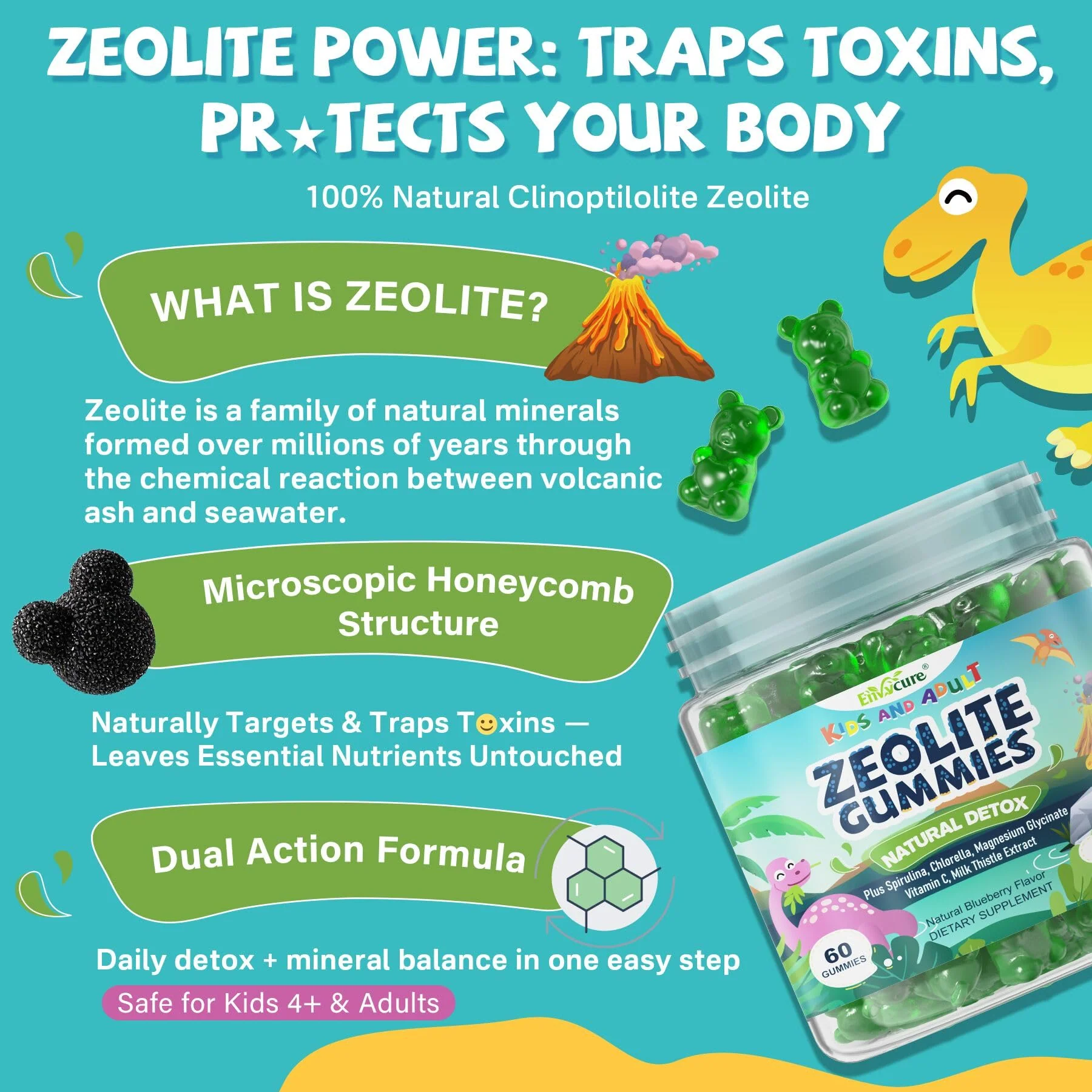 Zeolite Detox for kids & Adult-Sugar Free Zeolite Detox Gummies with Spirulina, Chlorella, Milk Thistle, Magnesium Glycinate, Calcium Citrate for Energy, Focus, Digestive, Immune, Antioxidant - 120Cts - Image 8