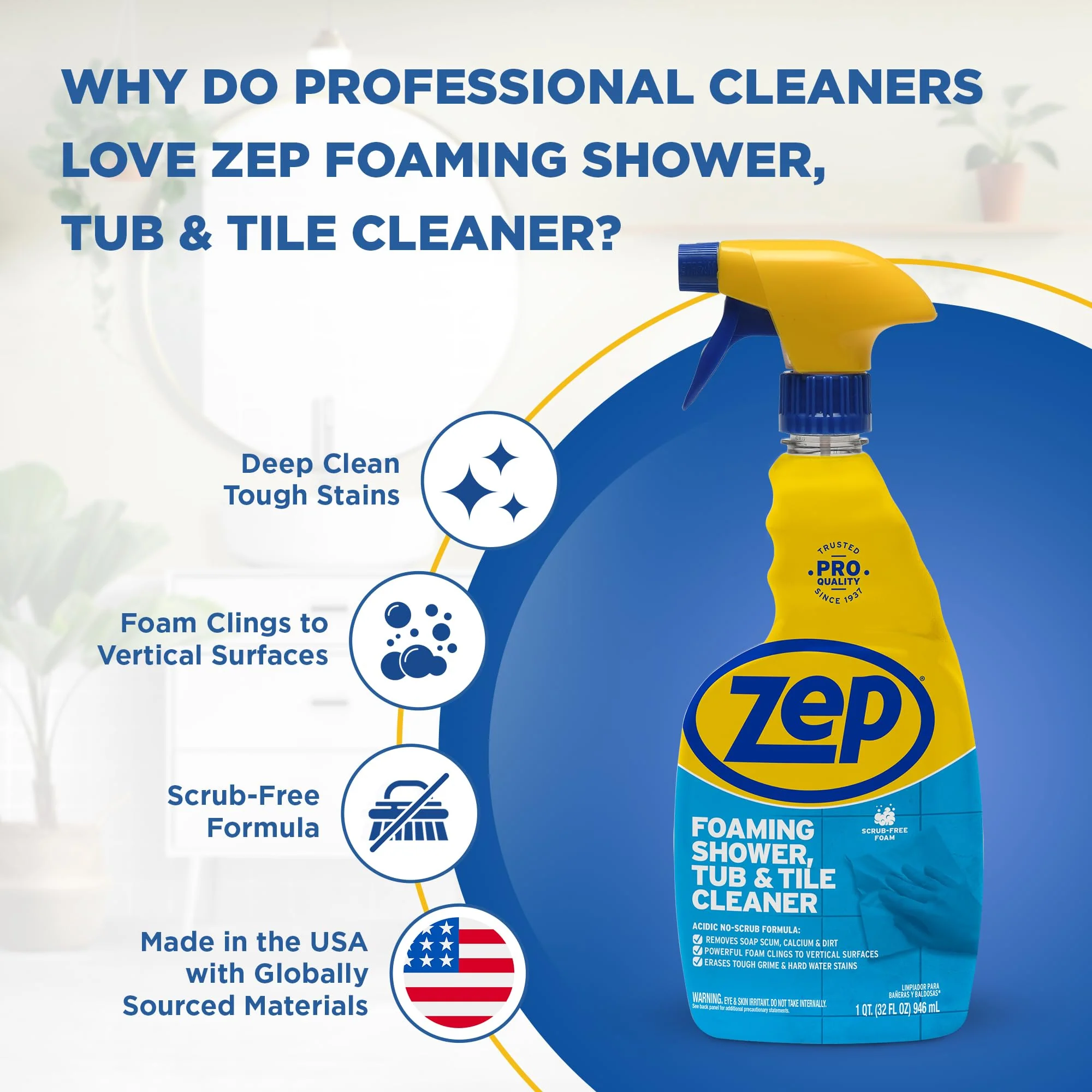 Zep Foaming Shower Tub and Tile Cleaner - 32 oz (Case of 4) ZUPFTT324 - No Scrub Formula, Breaks up Tough Buildup on Contact - Image 7