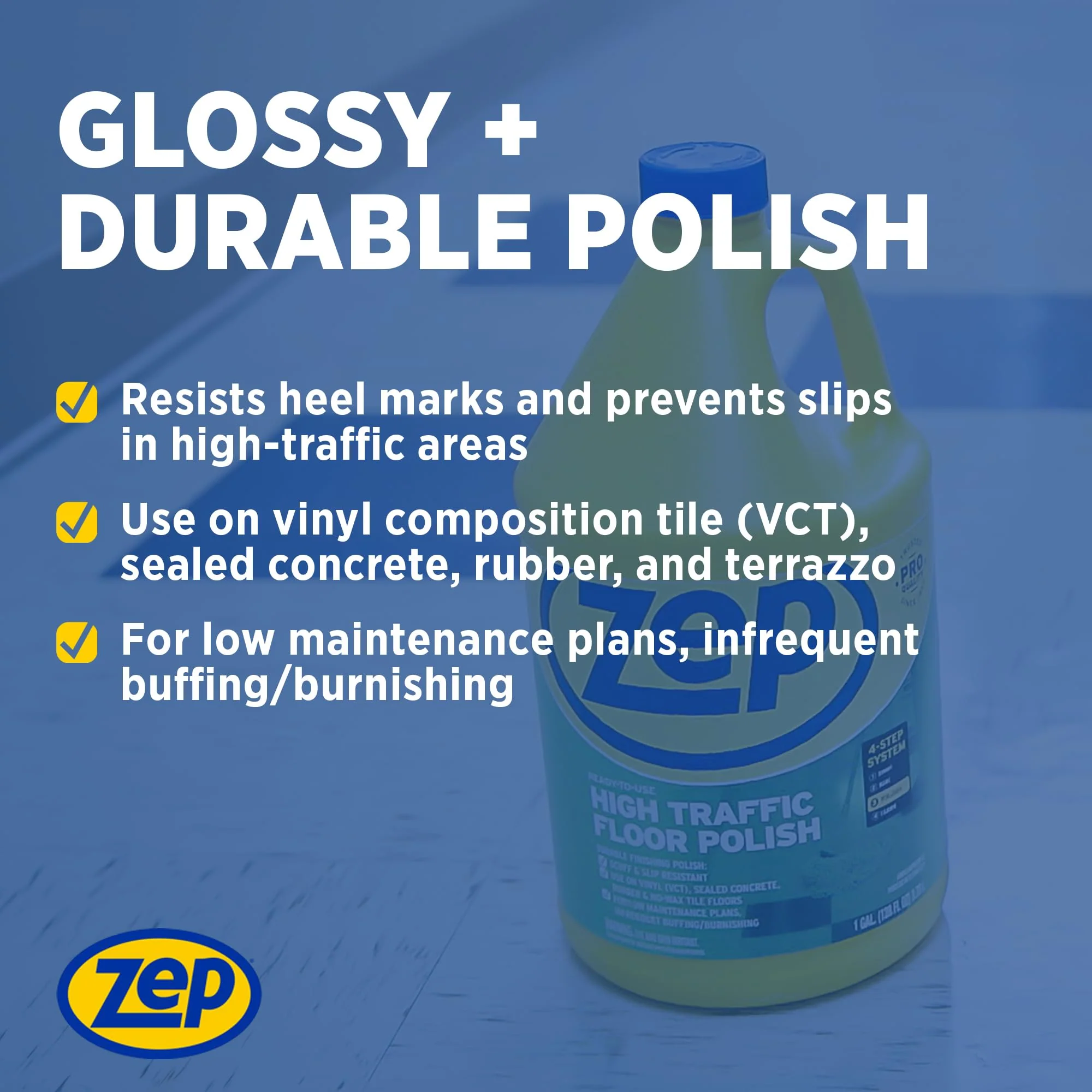 Zep High Traffic Floor Polish - 1 Gal (Case of 2) ECZUHTFF1282- Scuff-Resistant Durable Finish for Vinyl, Concrete, Rubber, Tile, and Terrazzo Floors - Image 7