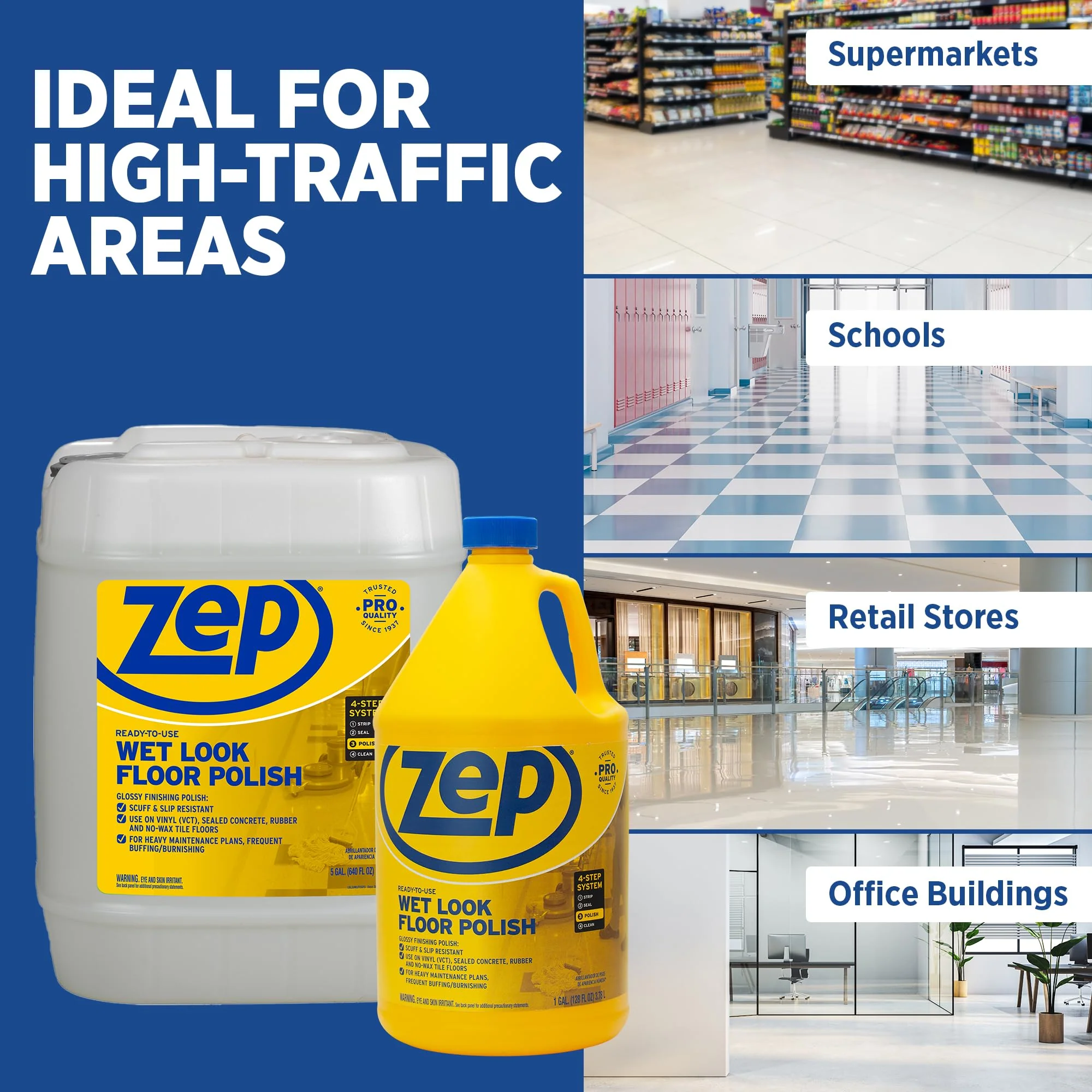 Zep Wet Look Floor Polish - 1 Gallon (Case of 2) ECZUWLFF1282 - Long Lasting Glossy Finishing Polish, Scuff & Slip Resistant, for Vinyl (VCT), Sealed Concrete, Rubber, and No-Wax Tile Floors - Image 5
