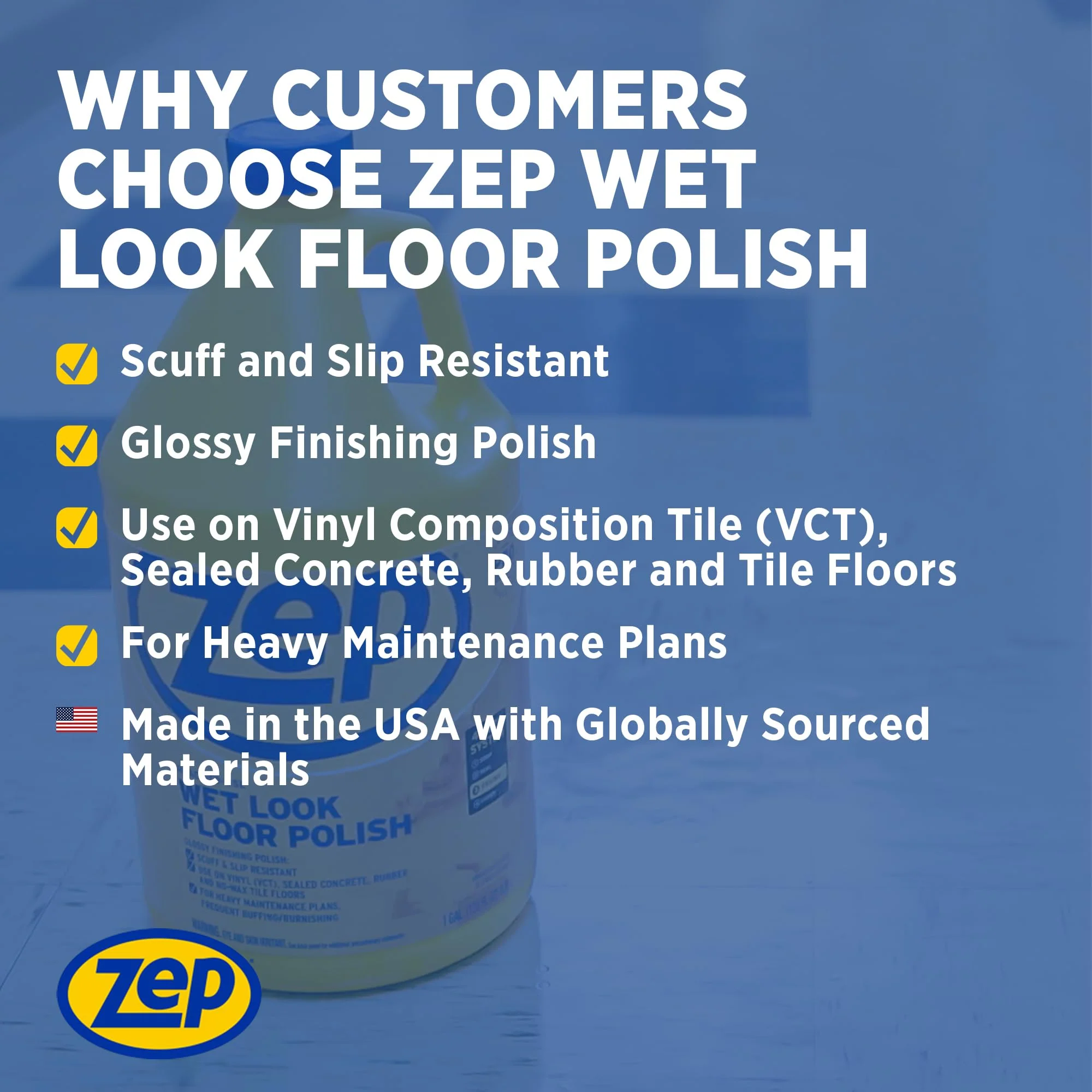 Zep Wet Look Floor Polish - 1 Gallon (Case of 2) ECZUWLFF1282 - Long Lasting Glossy Finishing Polish, Scuff & Slip Resistant, for Vinyl (VCT), Sealed Concrete, Rubber, and No-Wax Tile Floors - Image 7