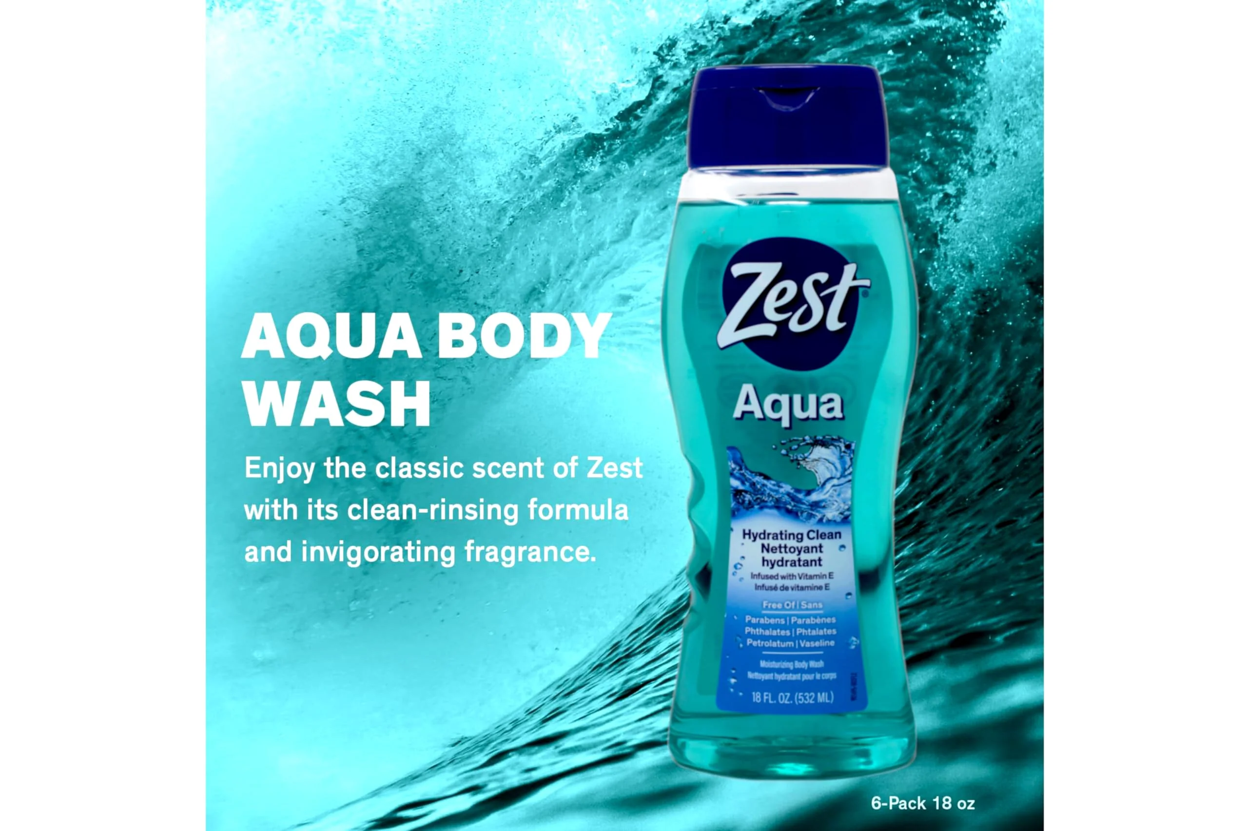 Zest Hydrating Body Wash - Aqua - Moisturizing Body Wash for Men and Women - Bath Soap with Vitamin E - Gentle Paraben Free Formula - 6 pc - Image 2