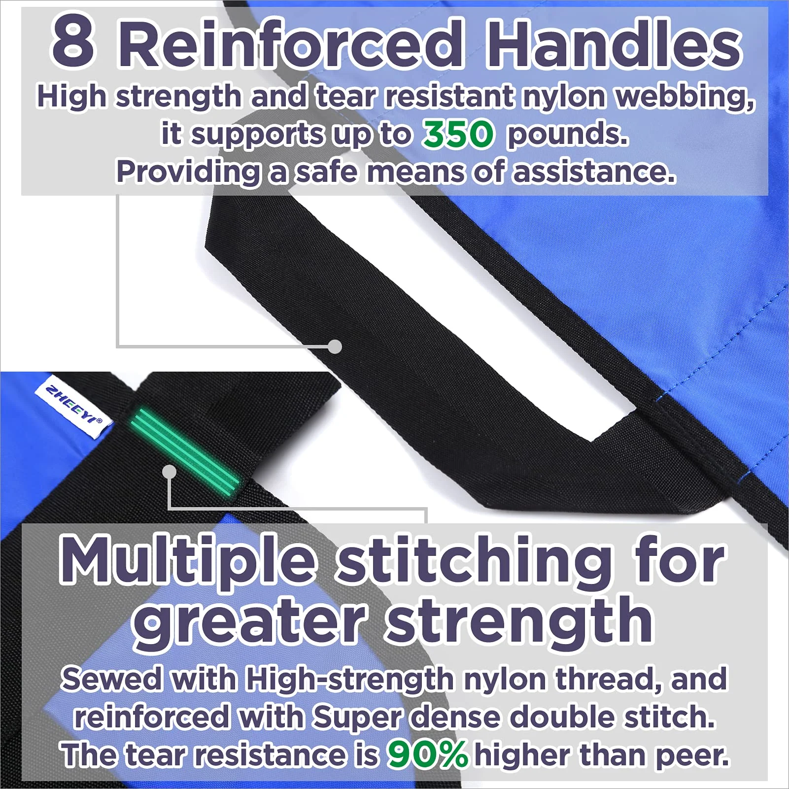 ZHEEYI Positioning Bed Pad with Reinforced Handles 43" x 36" Patient Transfer Sheet Aid Assistant for Body Lifting, Turning, Repositioning, for Elderly, Incontinence, Caregiver, Blue - Image 4