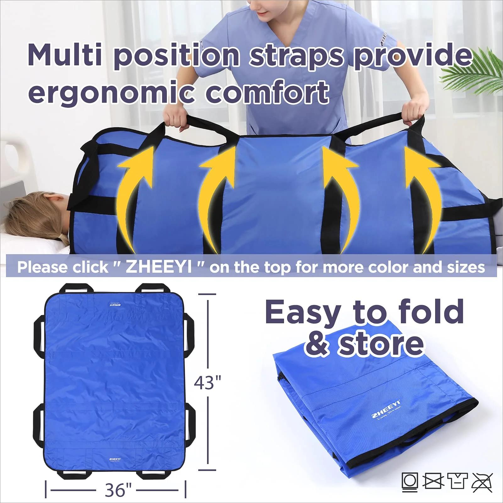 ZHEEYI Positioning Bed Pad with Reinforced Handles 43" x 36" Patient Transfer Sheet Aid Assistant for Body Lifting, Turning, Repositioning, for Elderly, Incontinence, Caregiver, Blue - Image 5