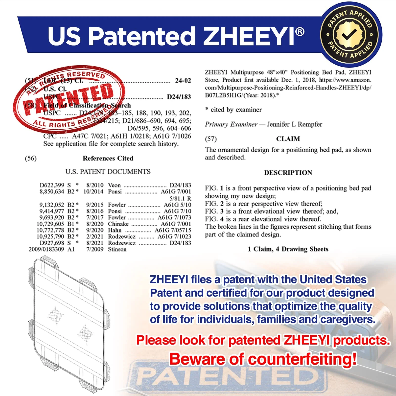 ZHEEYI Positioning Bed Pad with Reinforced Handles 43" x 36" Patient Transfer Sheet Aid Assistant for Body Lifting, Turning, Repositioning, for Elderly, Incontinence, Caregiver, Blue - Image 7