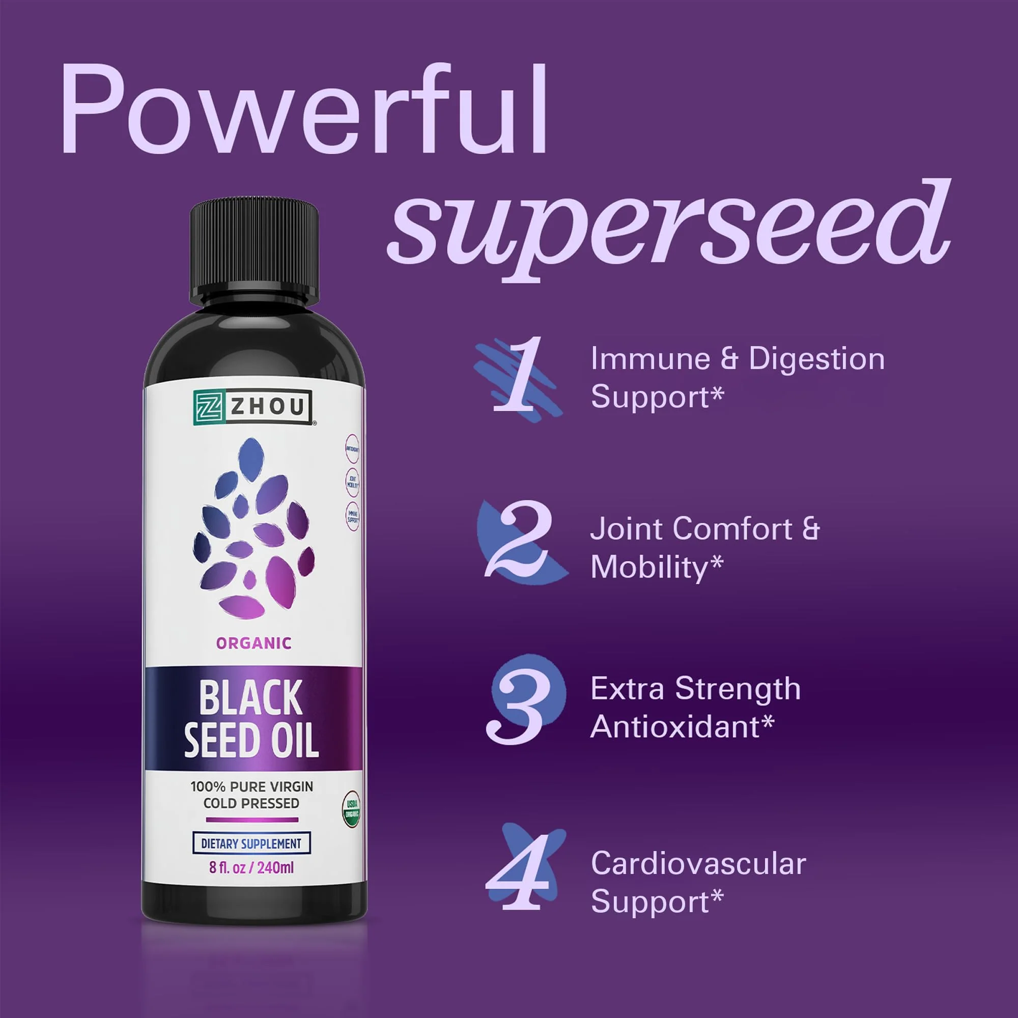 ZHOU Organic Black Seed Oil - Black Cumin Seed Oil Cold Pressed, Nigella Sativa, Pure Unrefined Blackseed Liquid, Premium Supplement for Health with Thymoquinone, Omega 3 6 9-8 Fl Oz (Pack of 2) - Image 3