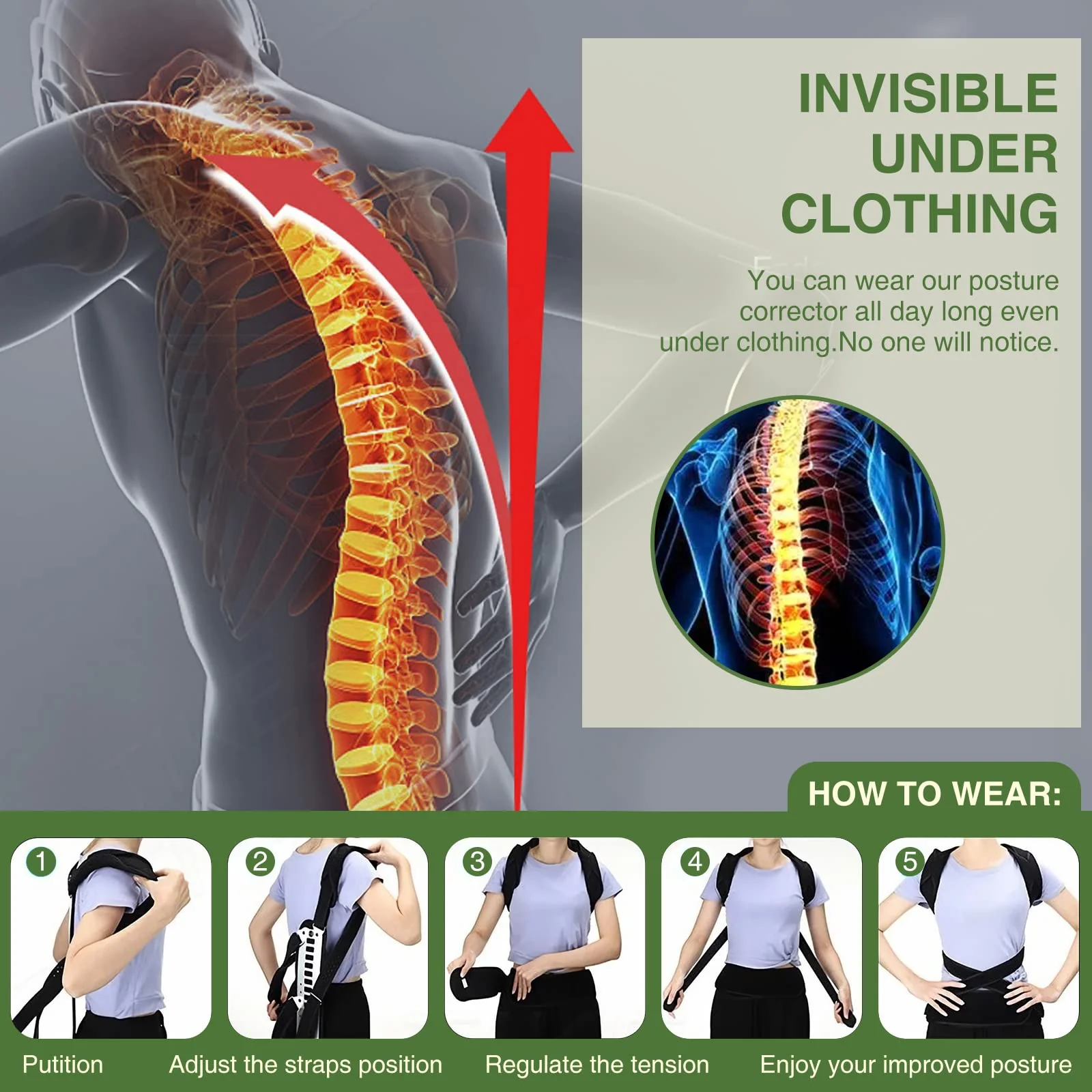 ZHUNPOCT Posture Corrector Back Support for Hunched Back, Kyphosis and Vertebral Compression Fracture Men and Women (Large) - Image 2